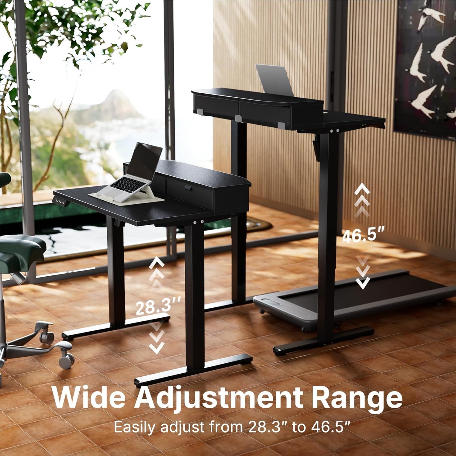 image:imageHUANUO 32 x 21 inch Small Electric Standing Desk with 2 Drawers CClamp Mount Compatible Height Adjustable Sit Stand Desk Home Office Stand Up Desk with 4 Memory Height Settings WhiteBlack