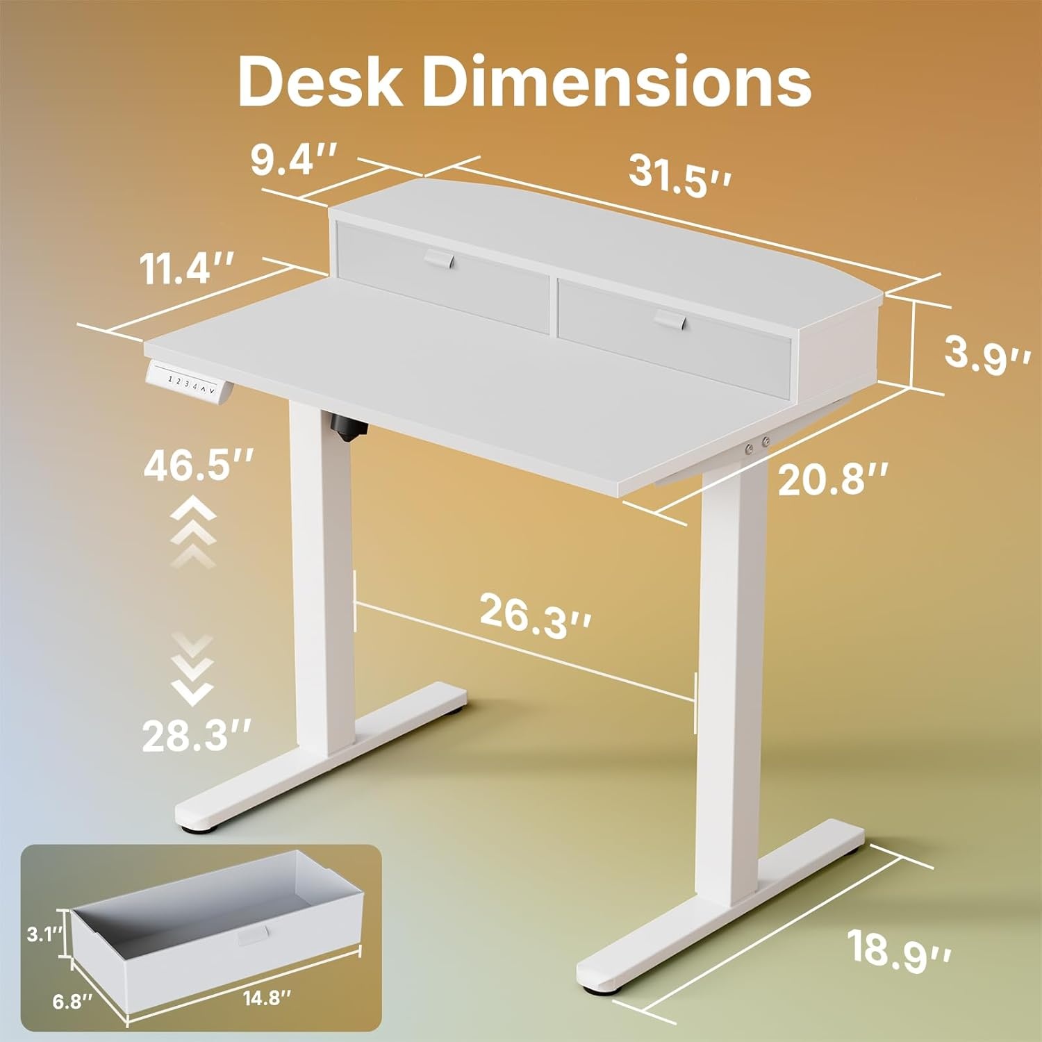 image:imageHUANUO 32 x 21 inch Small Electric Standing Desk with 2 Drawers CClamp Mount Compatible Height Adjustable Sit Stand Desk Home Office Stand Up Desk with 4 Memory Height Settings WhiteWhite