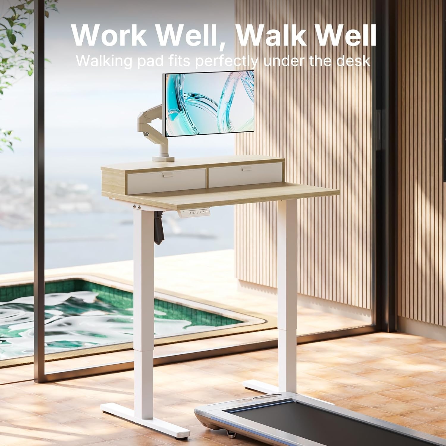 image:imageHUANUO 32 x 21 inch Small Electric Standing Desk with 2 Drawers CClamp Mount Compatible Height Adjustable Sit Stand Desk Home Office Stand Up Desk with 4 Memory Height Settings WhiteLight Walnut