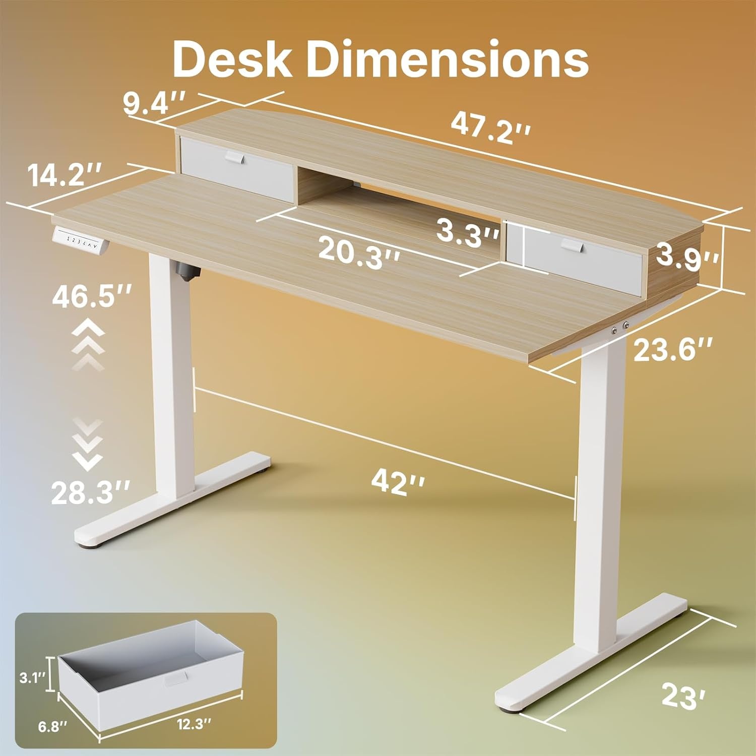image:imageHUANUO 32 x 21 inch Small Electric Standing Desk with 2 Drawers CClamp Mount Compatible Height Adjustable Sit Stand Desk Home Office Stand Up Desk with 4 Memory Height Settings WhiteLight Walnut