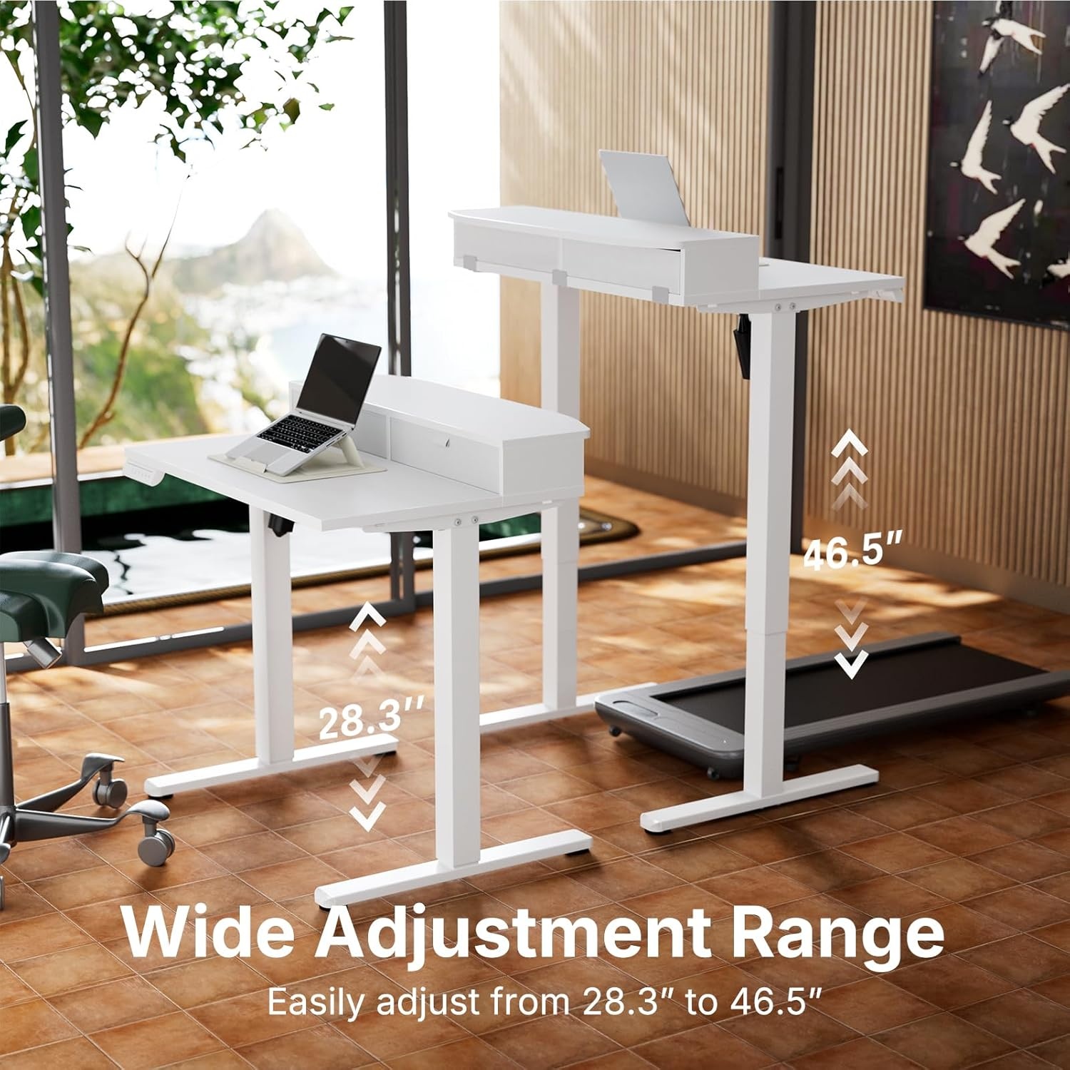 image:imageHUANUO 32 x 21 inch Small Electric Standing Desk with 2 Drawers CClamp Mount Compatible Height Adjustable Sit Stand Desk Home Office Stand Up Desk with 4 Memory Height Settings WhiteWhite