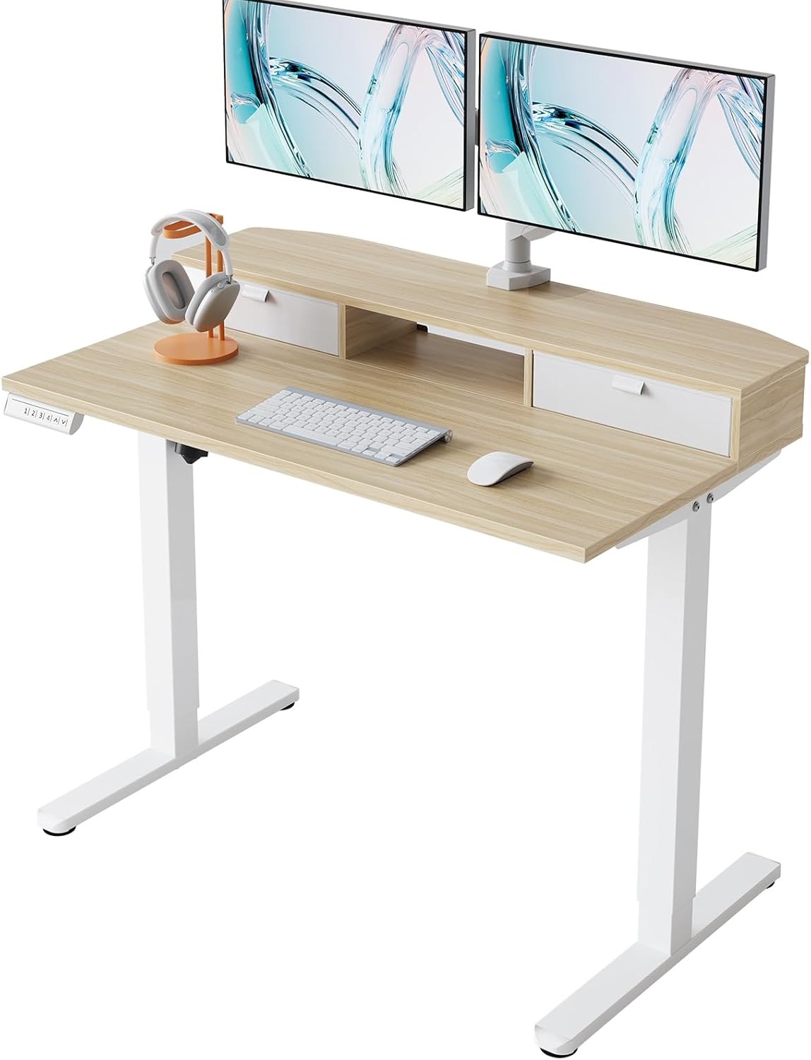 image:imageHUANUO 32 x 21 inch Small Electric Standing Desk with 2 Drawers CClamp Mount Compatible Height Adjustable Sit Stand Desk Home Office Stand Up Desk with 4 Memory Height Settings WhiteLight Walnut