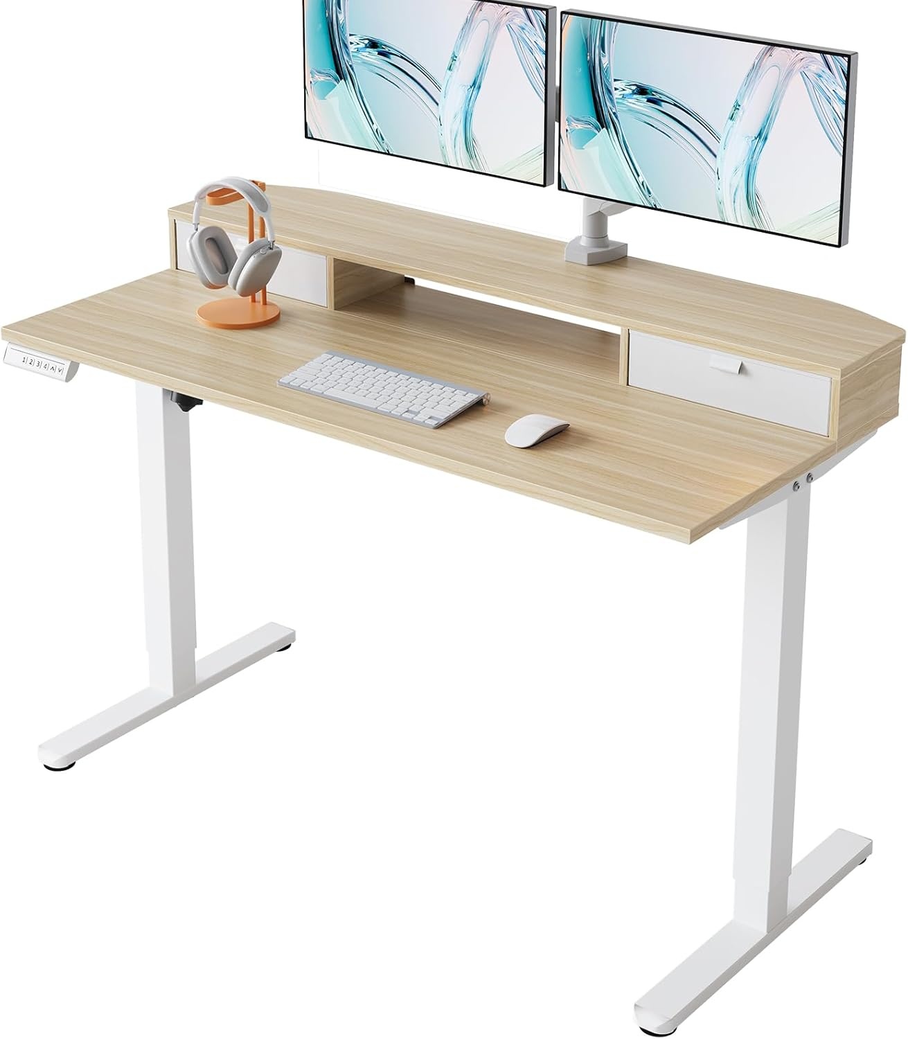 image:imageHUANUO 32 x 21 inch Small Electric Standing Desk with 2 Drawers CClamp Mount Compatible Height Adjustable Sit Stand Desk Home Office Stand Up Desk with 4 Memory Height Settings WhiteLight Walnut
