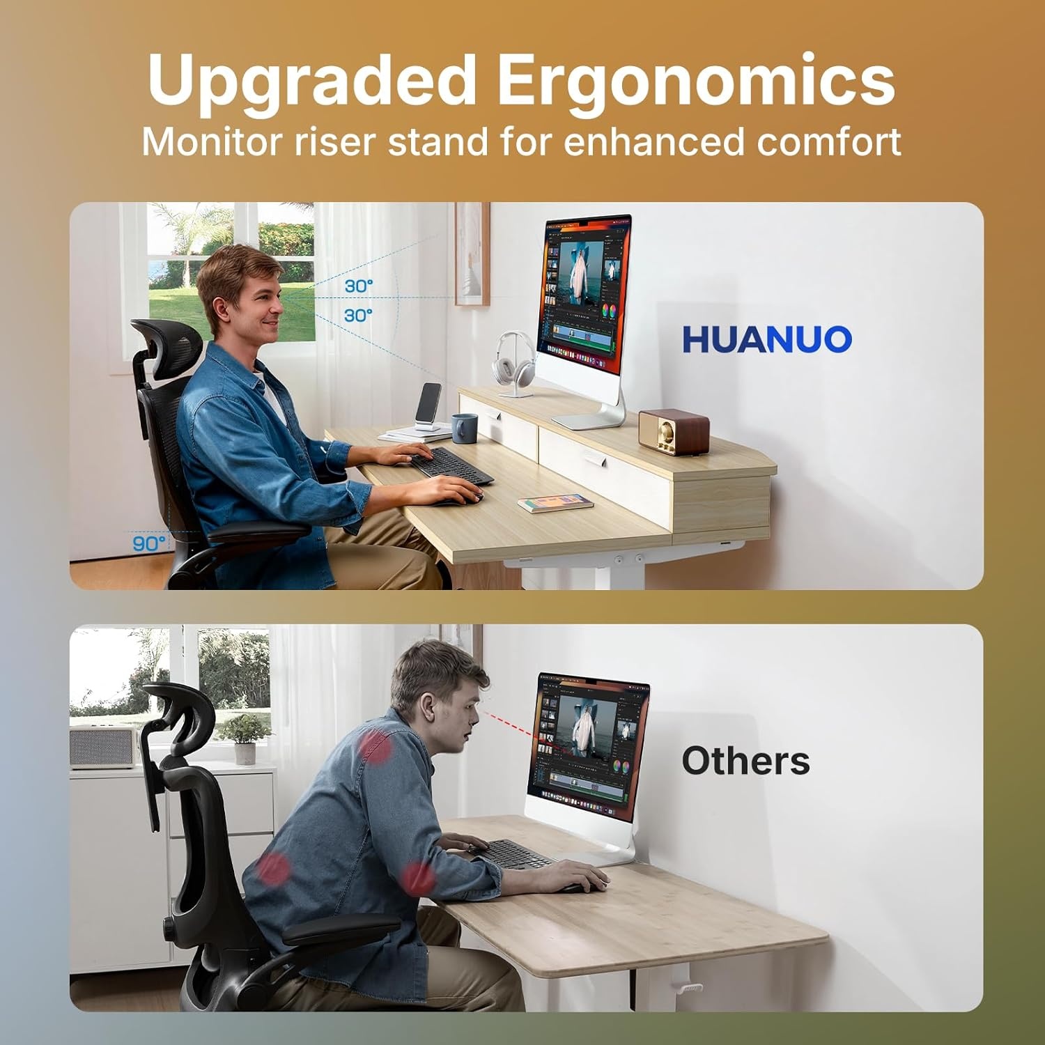 image:imageHUANUO 32 x 21 inch Small Electric Standing Desk with 2 Drawers CClamp Mount Compatible Height Adjustable Sit Stand Desk Home Office Stand Up Desk with 4 Memory Height Settings WhiteLight Walnut