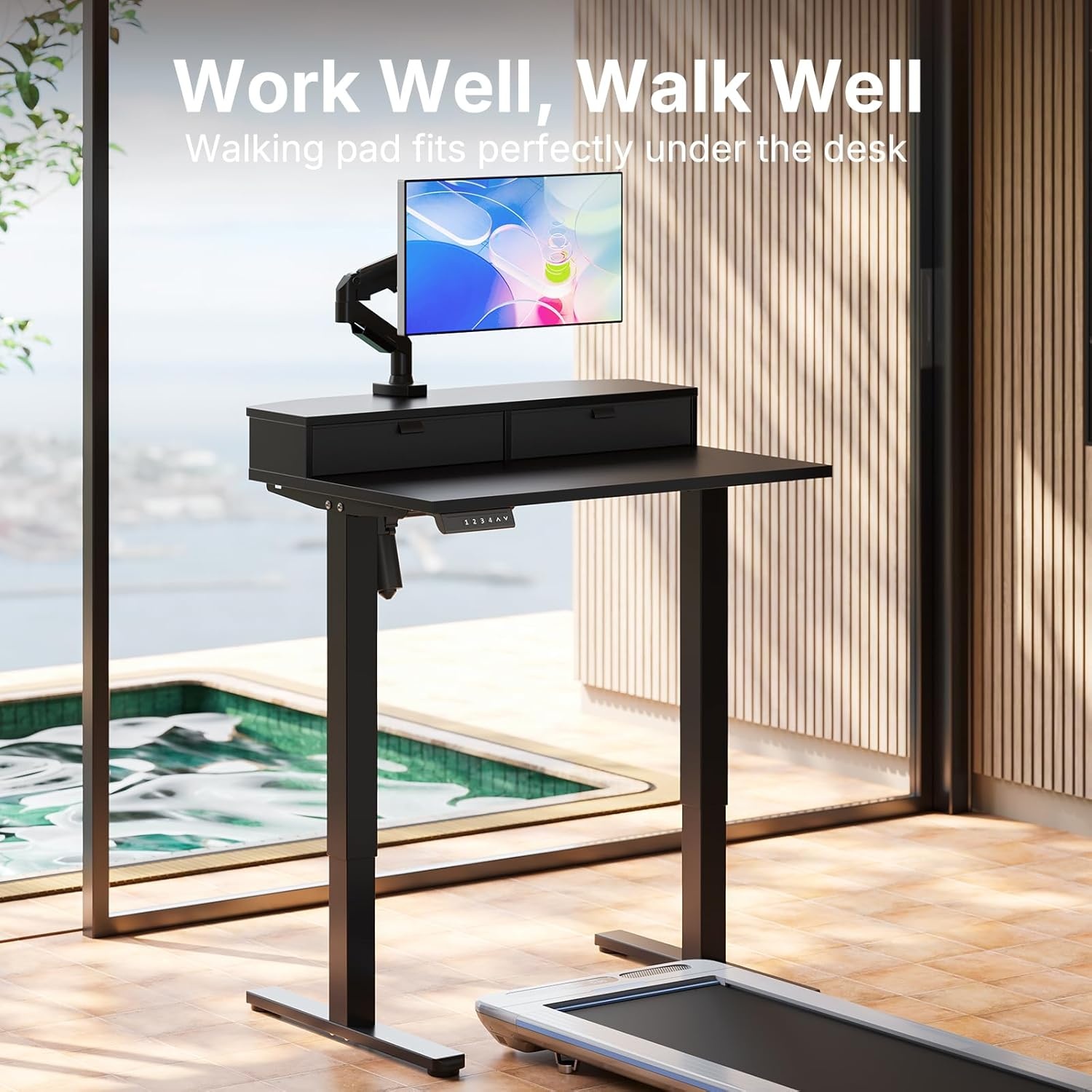 image:imageHUANUO 32 x 21 inch Small Electric Standing Desk with 2 Drawers CClamp Mount Compatible Height Adjustable Sit Stand Desk Home Office Stand Up Desk with 4 Memory Height Settings WhiteBlack