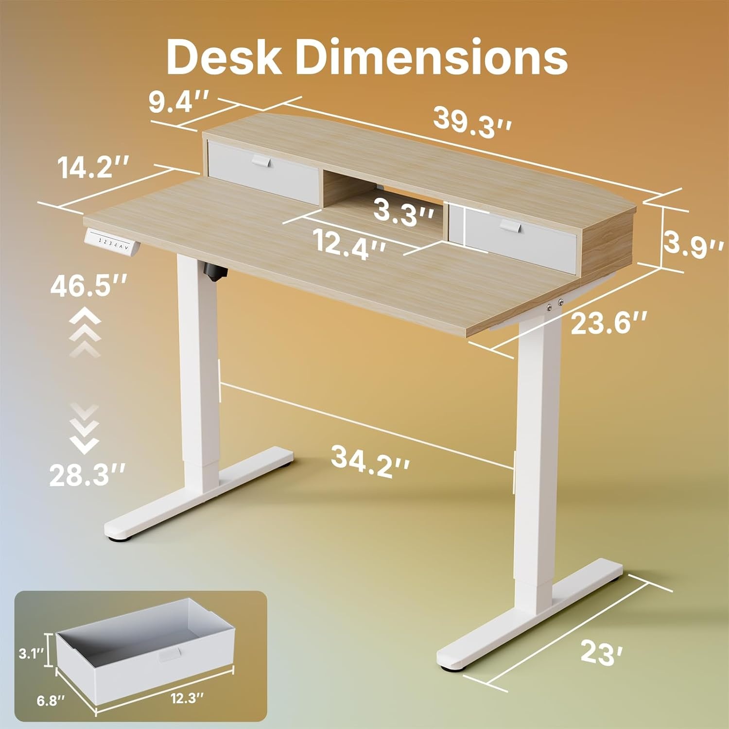 image:imageHUANUO 32 x 21 inch Small Electric Standing Desk with 2 Drawers CClamp Mount Compatible Height Adjustable Sit Stand Desk Home Office Stand Up Desk with 4 Memory Height Settings WhiteLight Walnut