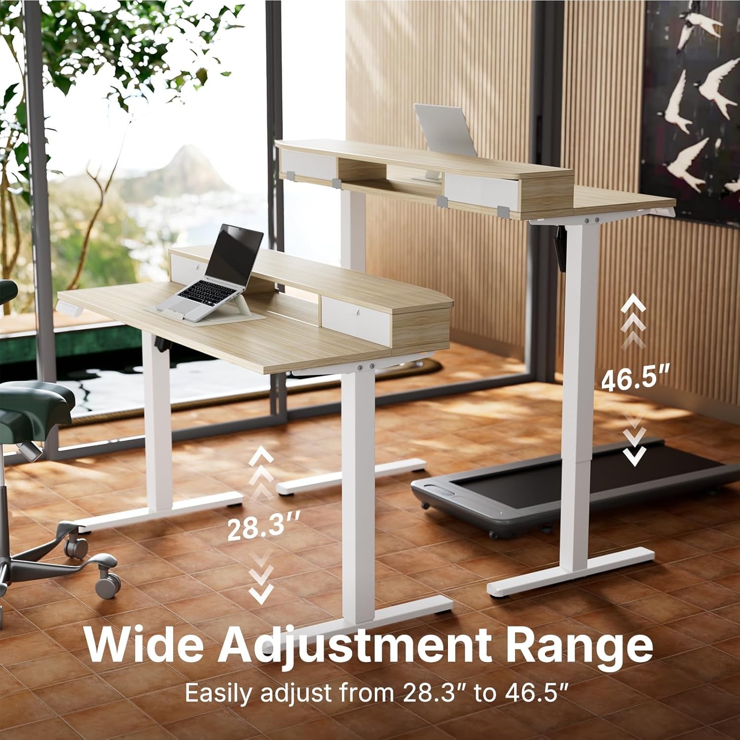 image:imageHUANUO 32 x 21 inch Small Electric Standing Desk with 2 Drawers CClamp Mount Compatible Height Adjustable Sit Stand Desk Home Office Stand Up Desk with 4 Memory Height Settings WhiteLight Walnut