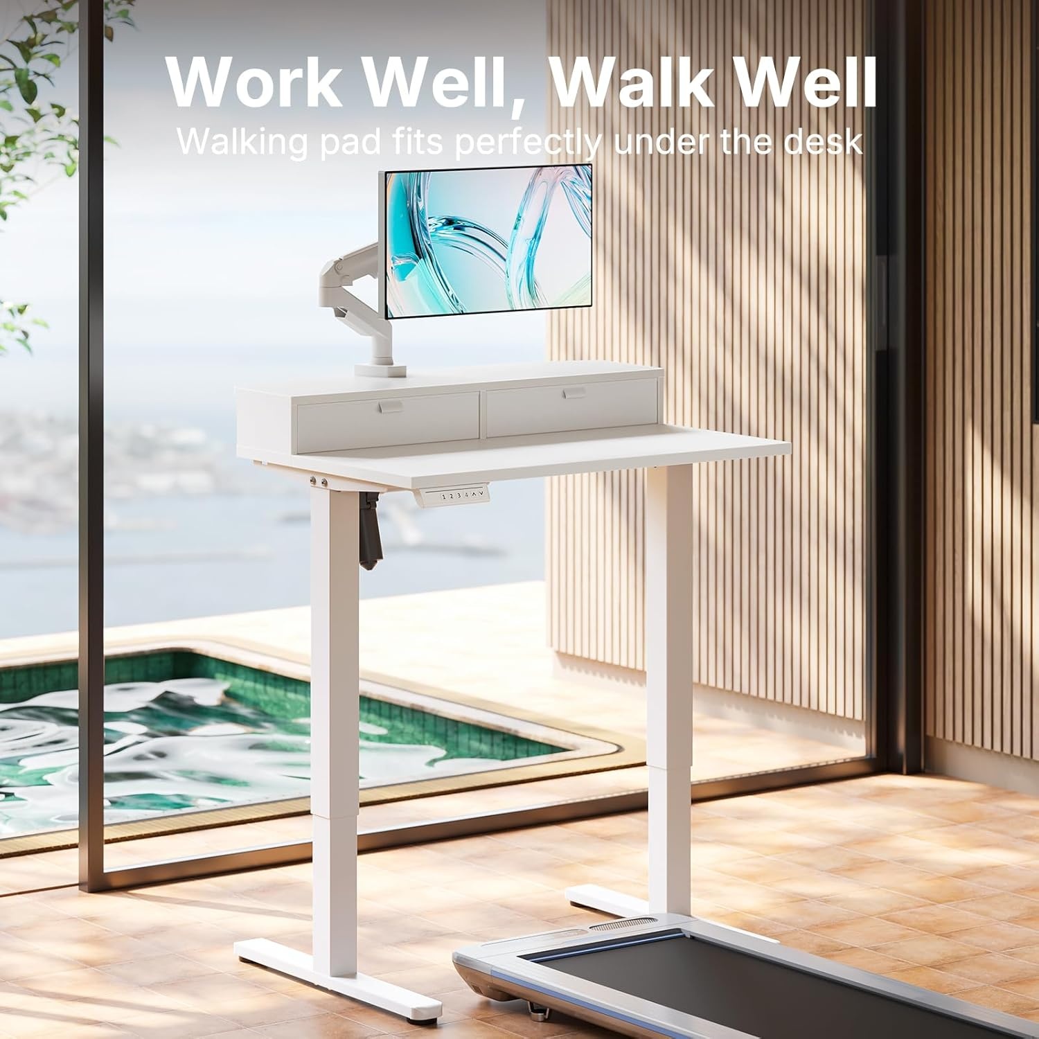 image:imageHUANUO 32 x 21 inch Small Electric Standing Desk with 2 Drawers CClamp Mount Compatible Height Adjustable Sit Stand Desk Home Office Stand Up Desk with 4 Memory Height Settings WhiteWhite