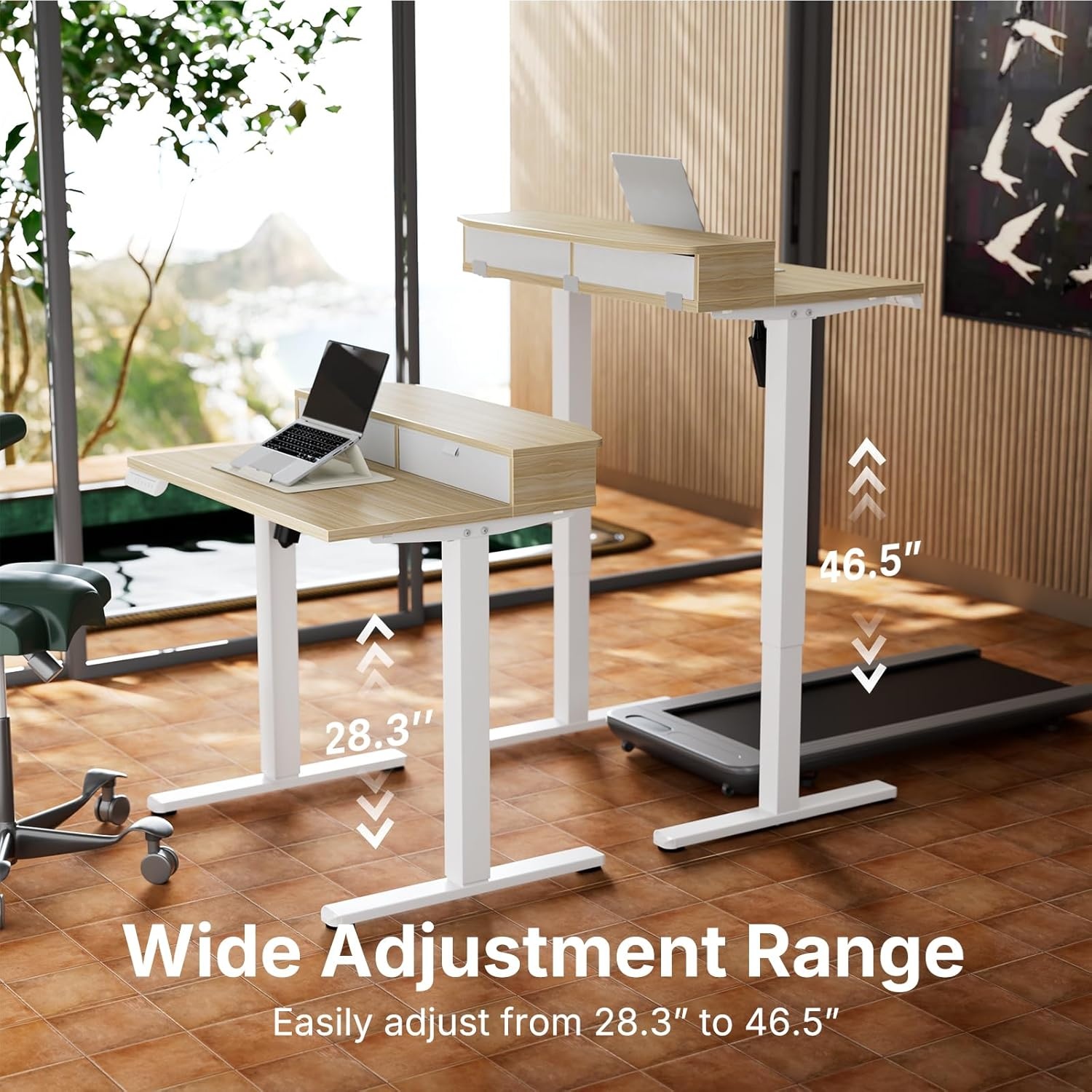 image:imageHUANUO 32 x 21 inch Small Electric Standing Desk with 2 Drawers CClamp Mount Compatible Height Adjustable Sit Stand Desk Home Office Stand Up Desk with 4 Memory Height Settings WhiteLight Walnut