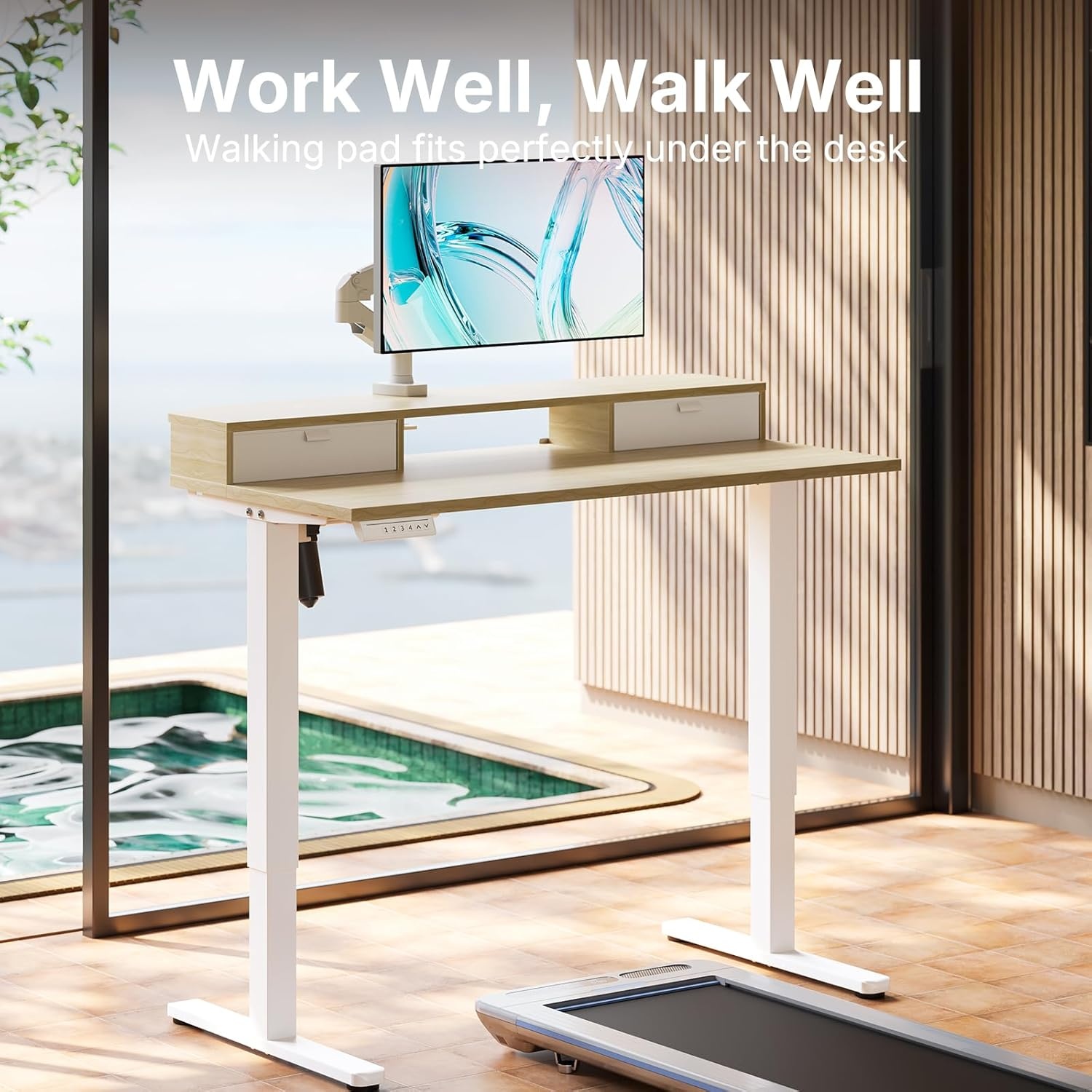 image:imageHUANUO 32 x 21 inch Small Electric Standing Desk with 2 Drawers CClamp Mount Compatible Height Adjustable Sit Stand Desk Home Office Stand Up Desk with 4 Memory Height Settings WhiteLight Walnut