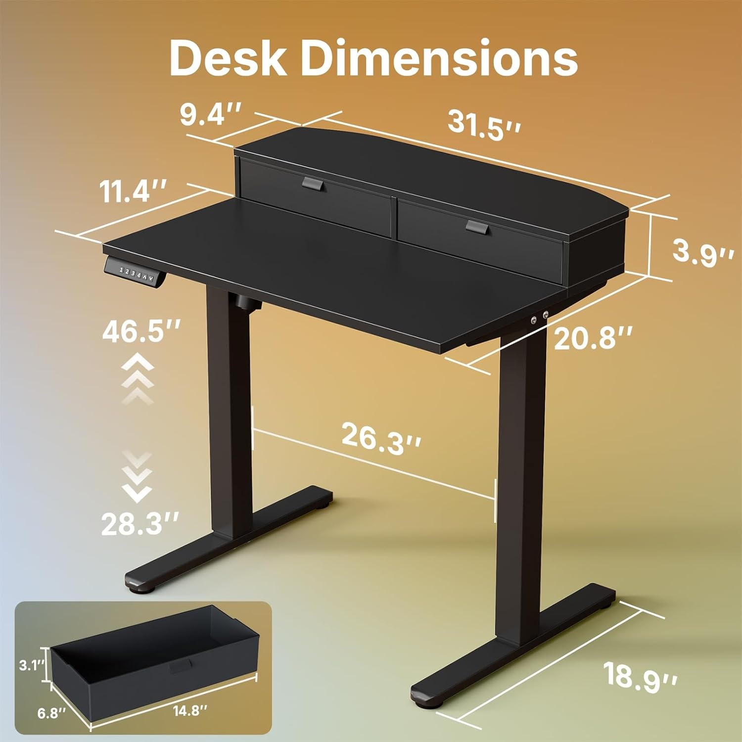 image:imageHUANUO 32 x 21 inch Small Electric Standing Desk with 2 Drawers CClamp Mount Compatible Height Adjustable Sit Stand Desk Home Office Stand Up Desk with 4 Memory Height Settings WhiteBlack