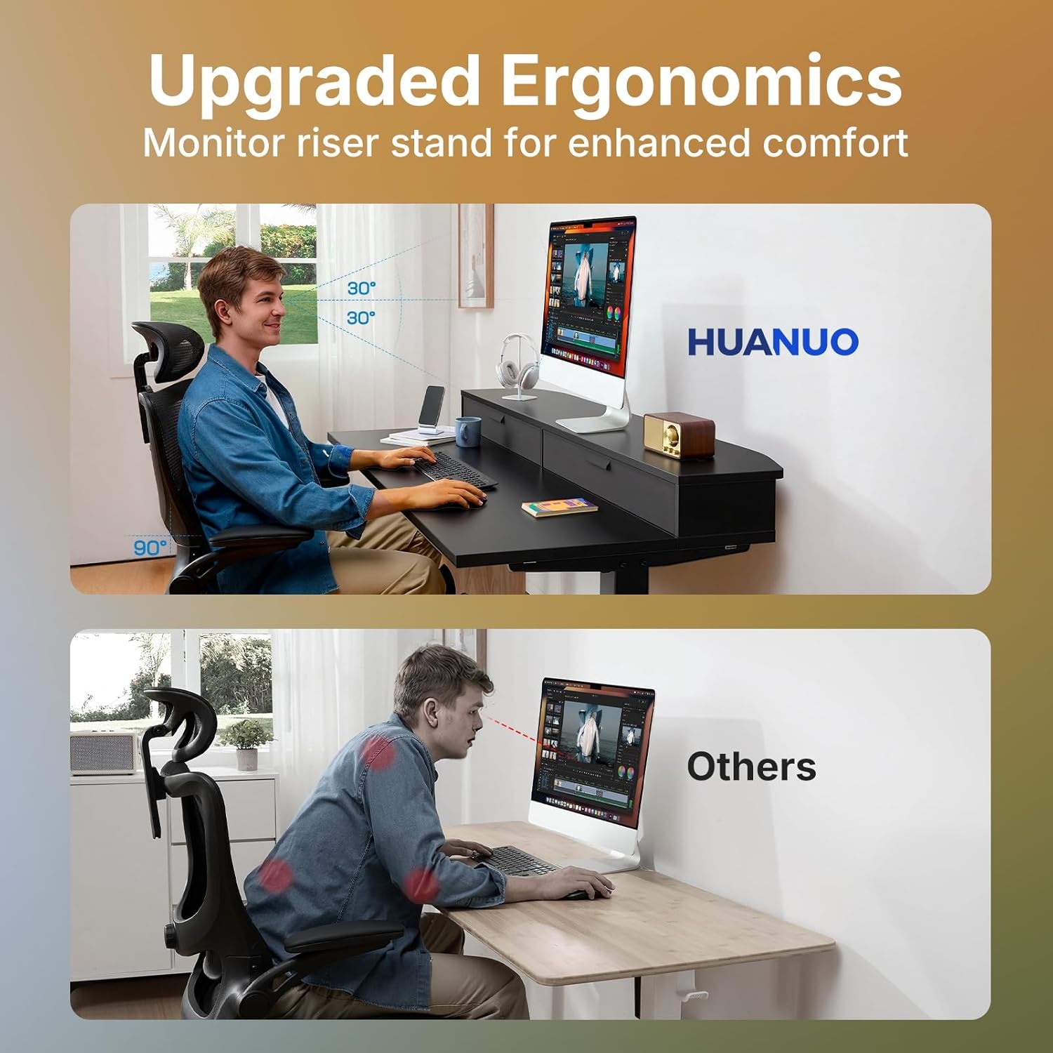 image:imageHUANUO 32 x 21 inch Small Electric Standing Desk with 2 Drawers CClamp Mount Compatible Height Adjustable Sit Stand Desk Home Office Stand Up Desk with 4 Memory Height Settings WhiteBlack