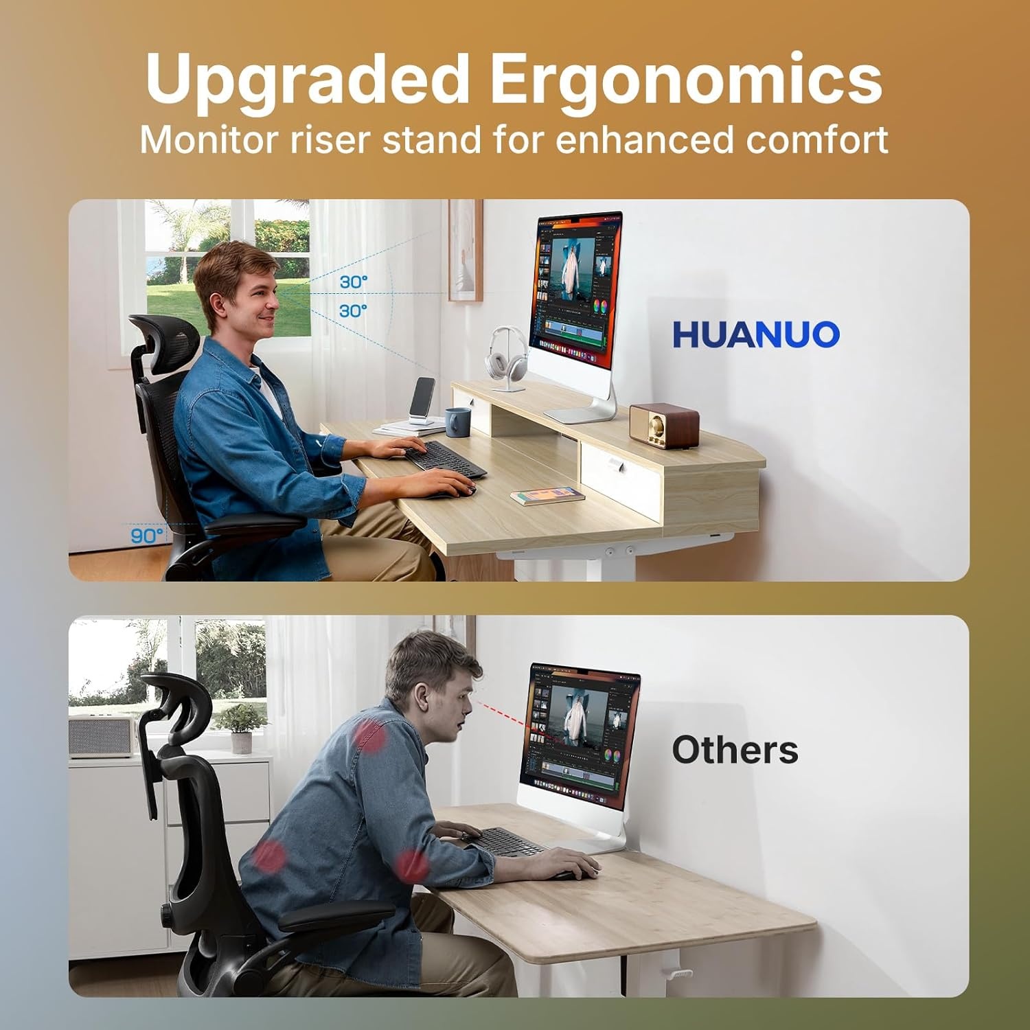 image:imageHUANUO 32 x 21 inch Small Electric Standing Desk with 2 Drawers CClamp Mount Compatible Height Adjustable Sit Stand Desk Home Office Stand Up Desk with 4 Memory Height Settings WhiteLight Walnut