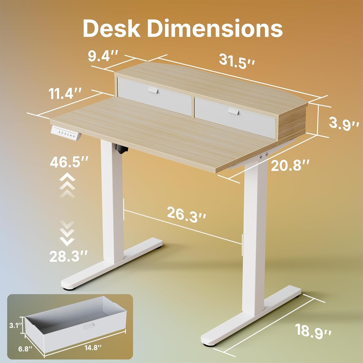 image:imageHUANUO 32 x 21 inch Small Electric Standing Desk with 2 Drawers CClamp Mount Compatible Height Adjustable Sit Stand Desk Home Office Stand Up Desk with 4 Memory Height Settings WhiteLight Walnut