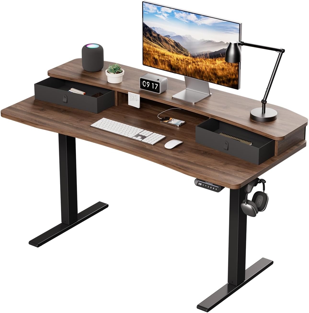 image:imageHUANUO 48 x 24 Electric Standing Desk with 2 Drawers CClamp Mount Compatible Height Adjustable Computer Desk Home Office Stand Up Desk with 4 Preset Heights amp 2 Hooks BlackWalnut