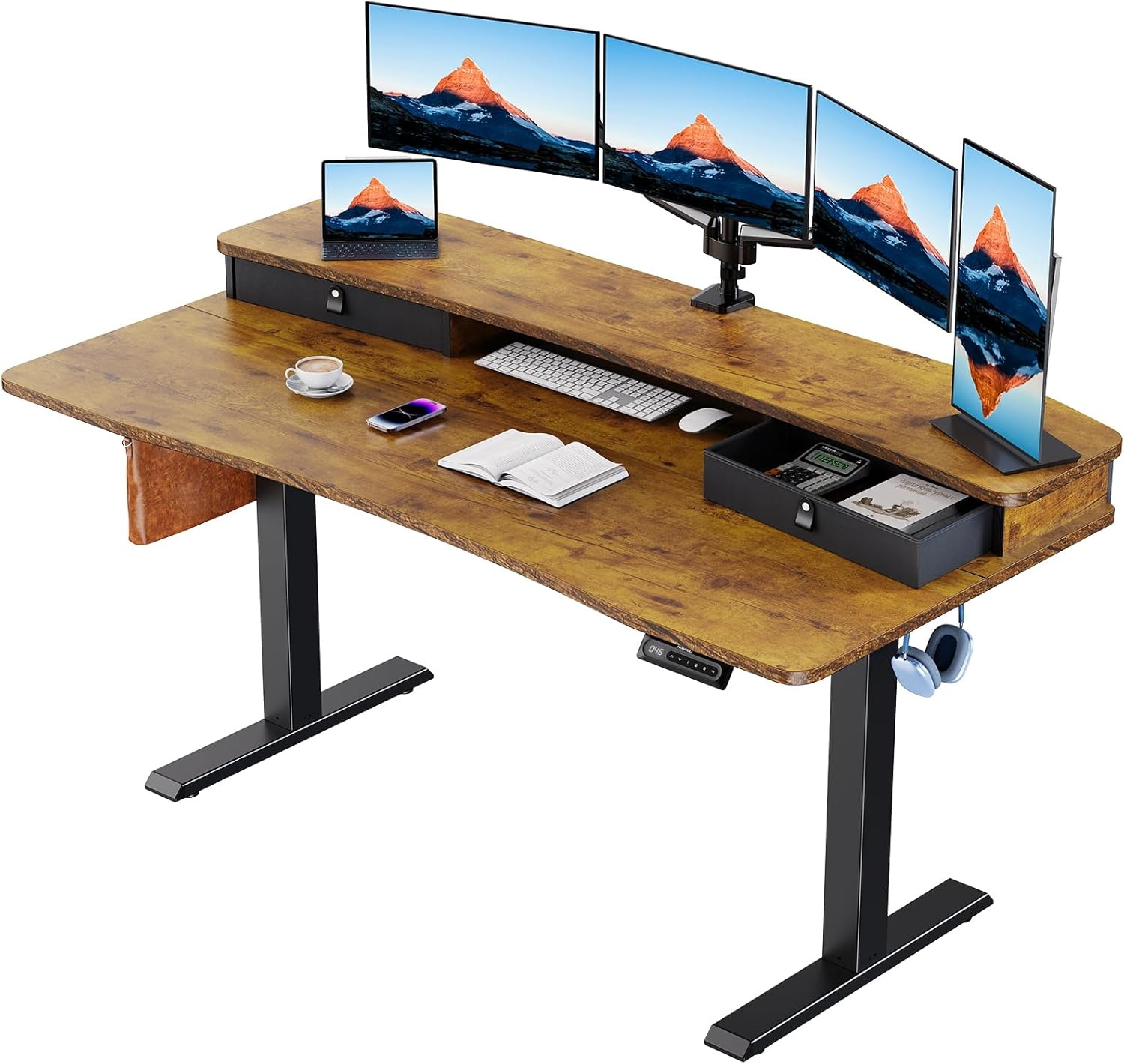 image:imageHUANUO 48 x 24 Electric Standing Desk with 2 Drawers CClamp Mount Compatible Height Adjustable Computer Desk Home Office Stand Up Desk with 4 Preset Heights amp 2 Hooks BlackVintage Brown