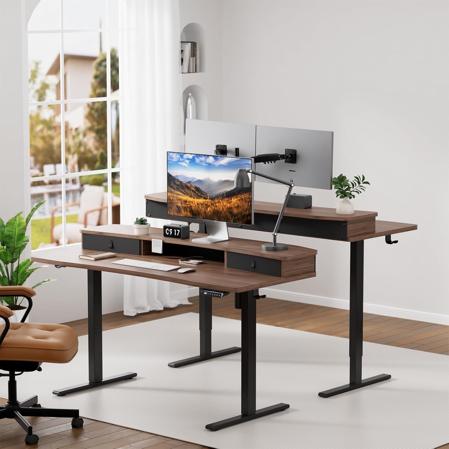 image:imageHUANUO 48 x 24 Electric Standing Desk with 2 Drawers CClamp Mount Compatible Height Adjustable Computer Desk Home Office Stand Up Desk with 4 Preset Heights amp 2 Hooks BlackWalnut