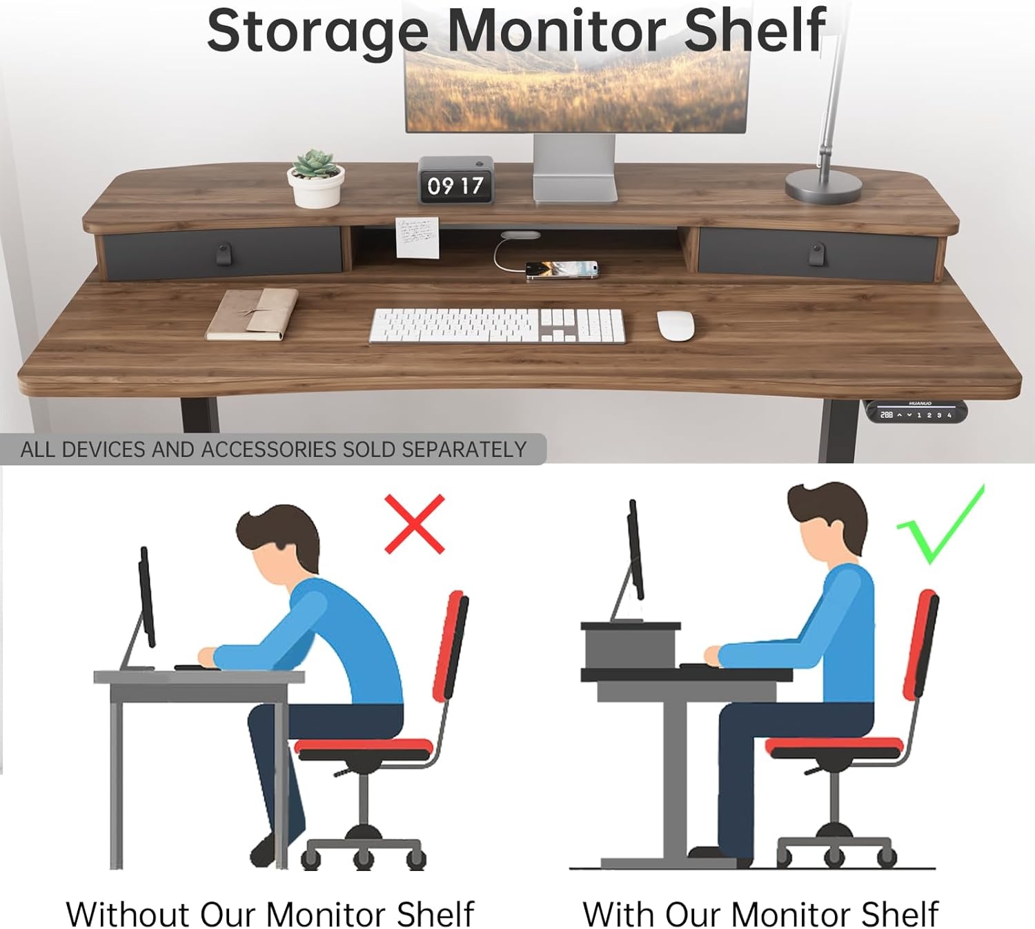 image:imageHUANUO 48 x 24 Electric Standing Desk with 2 Drawers CClamp Mount Compatible Height Adjustable Computer Desk Home Office Stand Up Desk with 4 Preset Heights amp 2 Hooks BlackWalnut