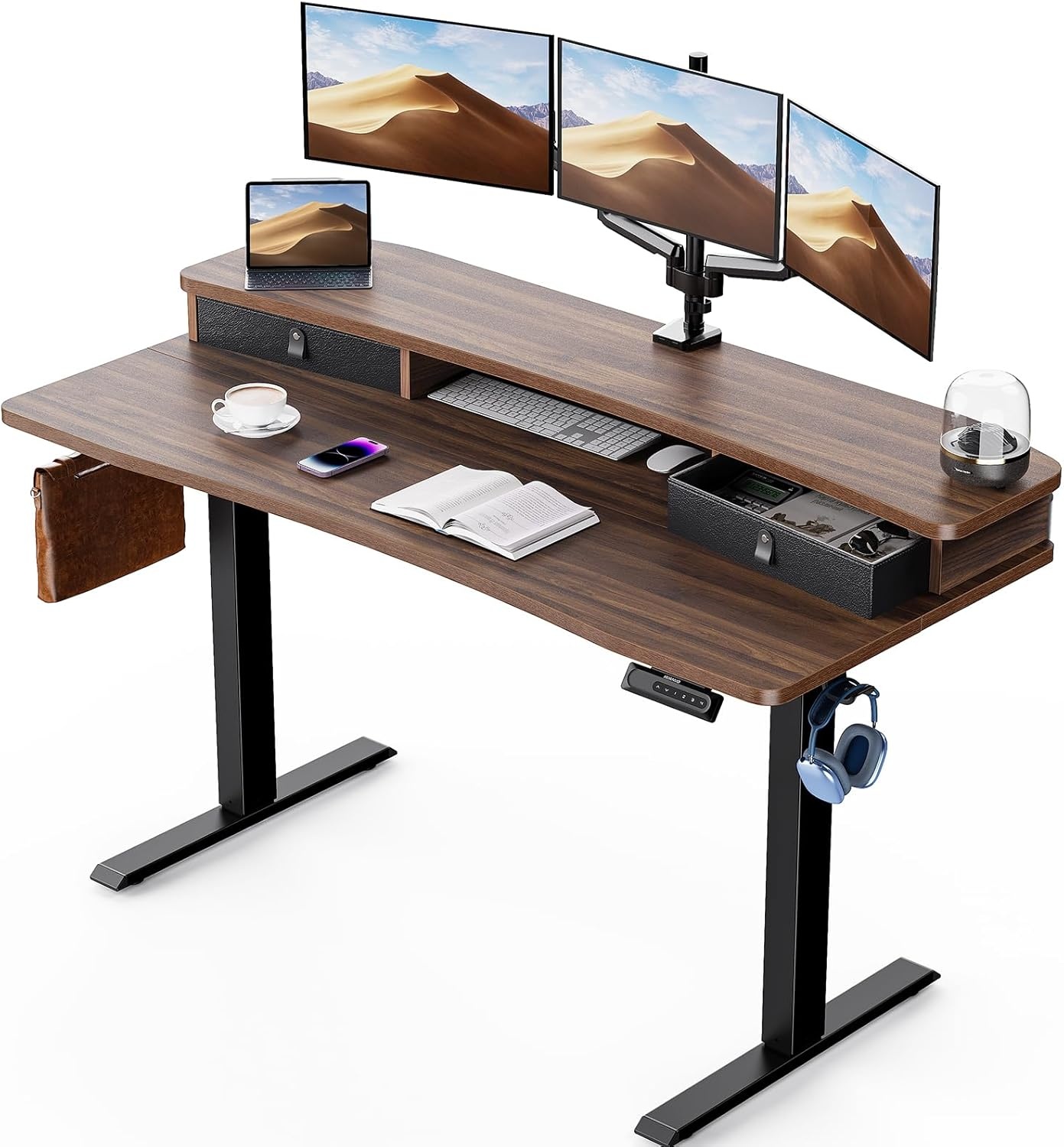 image:imageHUANUO 48 x 24 Electric Standing Desk with 2 Drawers CClamp Mount Compatible Height Adjustable Computer Desk Home Office Stand Up Desk with 4 Preset Heights amp 2 Hooks BlackWalnut