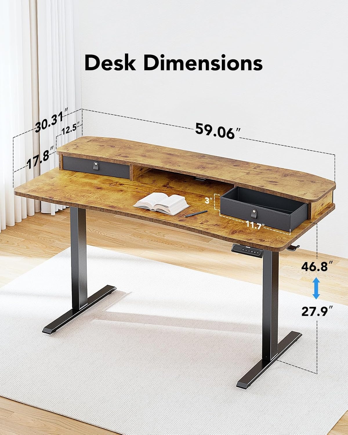 image:imageHUANUO 48 x 24 Electric Standing Desk with 2 Drawers CClamp Mount Compatible Height Adjustable Computer Desk Home Office Stand Up Desk with 4 Preset Heights amp 2 Hooks BlackVintage Brown