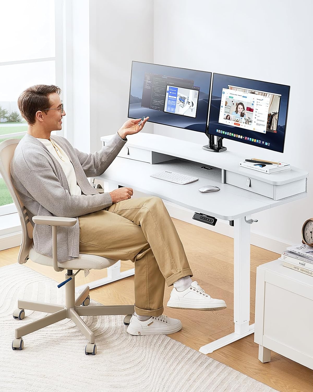 image:imageHUANUO 48 x 24 Electric Standing Desk with 2 Drawers CClamp Mount Compatible Height Adjustable Computer Desk Home Office Stand Up Desk with 4 Preset Heights amp 2 Hooks BlackWhite