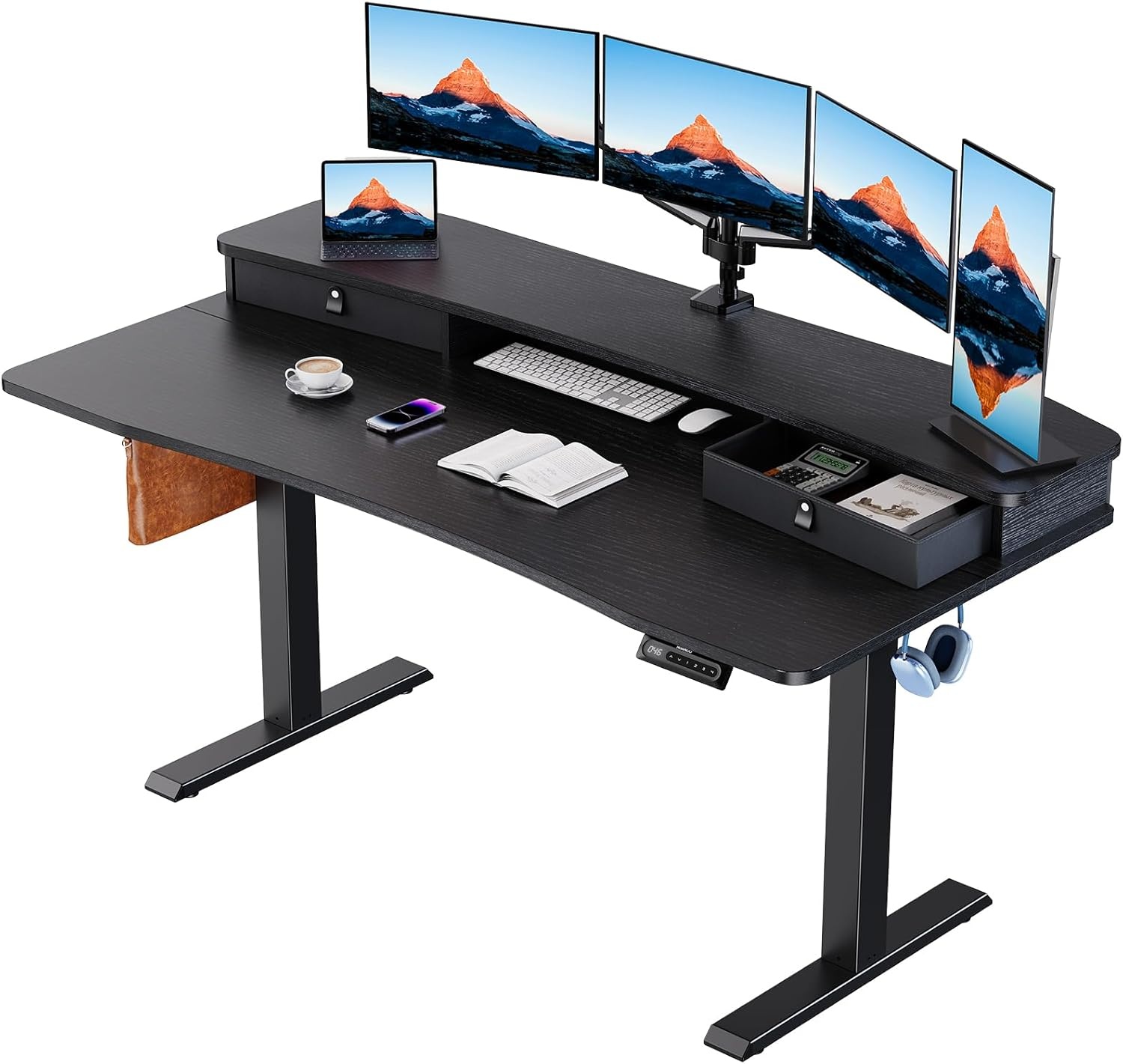 image:imageHUANUO 48 x 24 Electric Standing Desk with 2 Drawers CClamp Mount Compatible Height Adjustable Computer Desk Home Office Stand Up Desk with 4 Preset Heights amp 2 Hooks BlackBlack