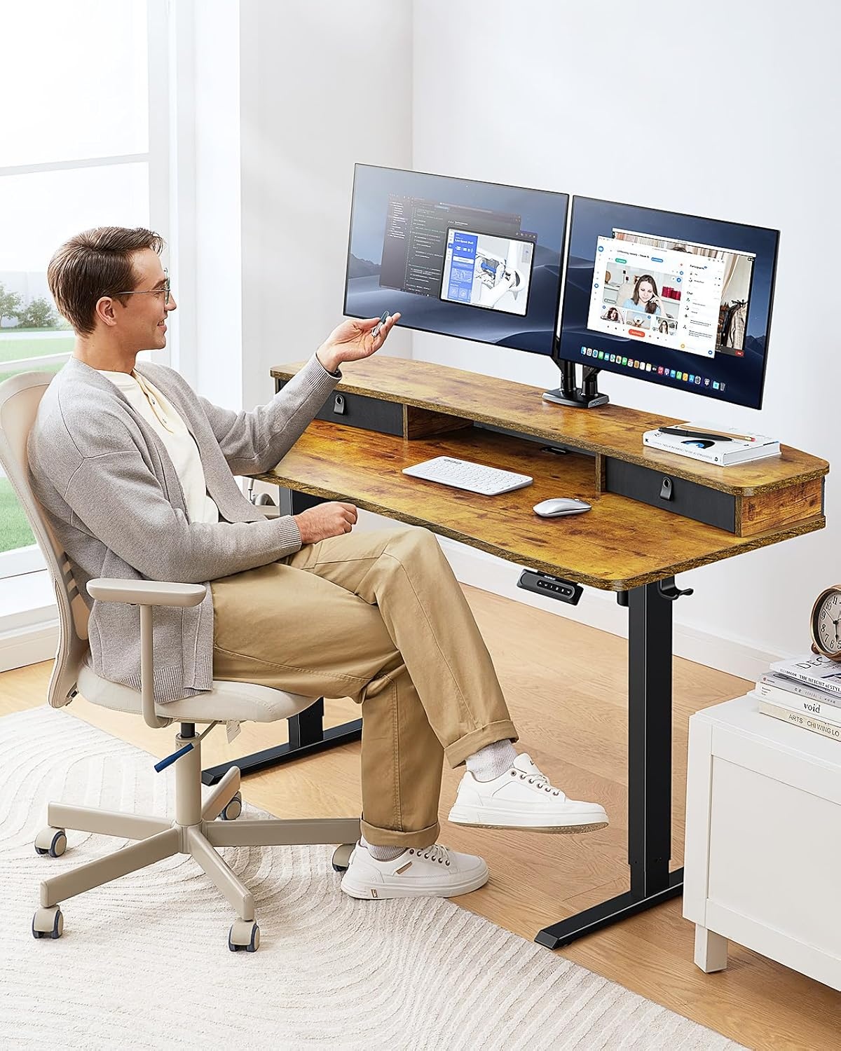 image:imageHUANUO 48 x 24 Electric Standing Desk with 2 Drawers CClamp Mount Compatible Height Adjustable Computer Desk Home Office Stand Up Desk with 4 Preset Heights amp 2 Hooks BlackVintage Brown