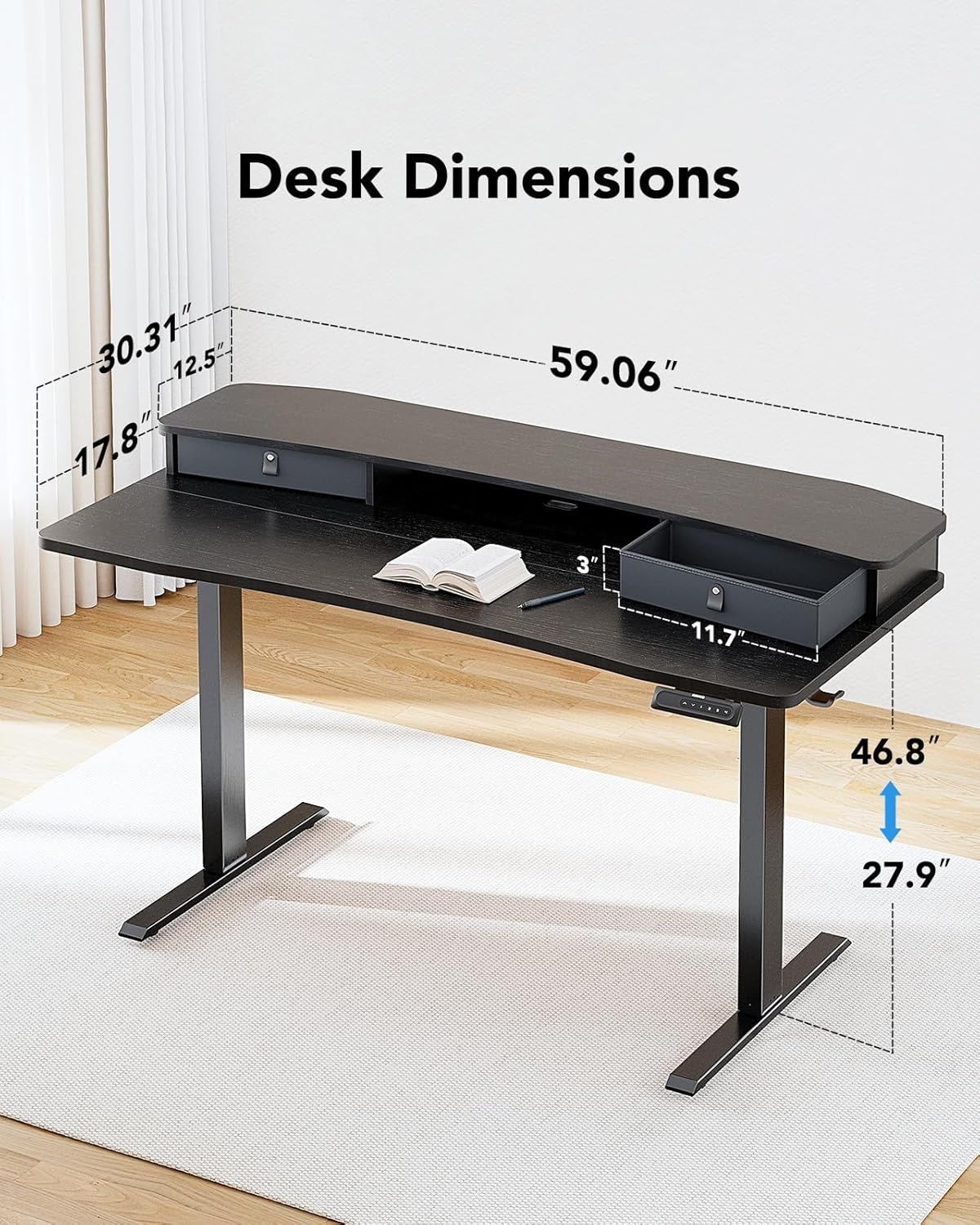 image:imageHUANUO 48 x 24 Electric Standing Desk with 2 Drawers CClamp Mount Compatible Height Adjustable Computer Desk Home Office Stand Up Desk with 4 Preset Heights amp 2 Hooks BlackBlack