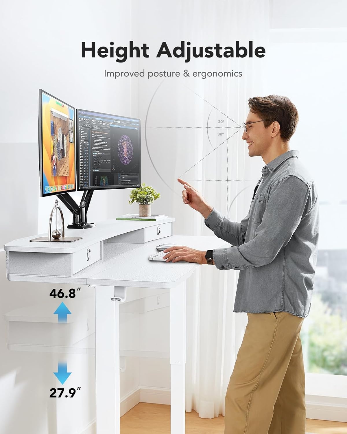 image:imageHUANUO 48 x 24 Electric Standing Desk with 2 Drawers CClamp Mount Compatible Height Adjustable Computer Desk Home Office Stand Up Desk with 4 Preset Heights amp 2 Hooks BlackWhite