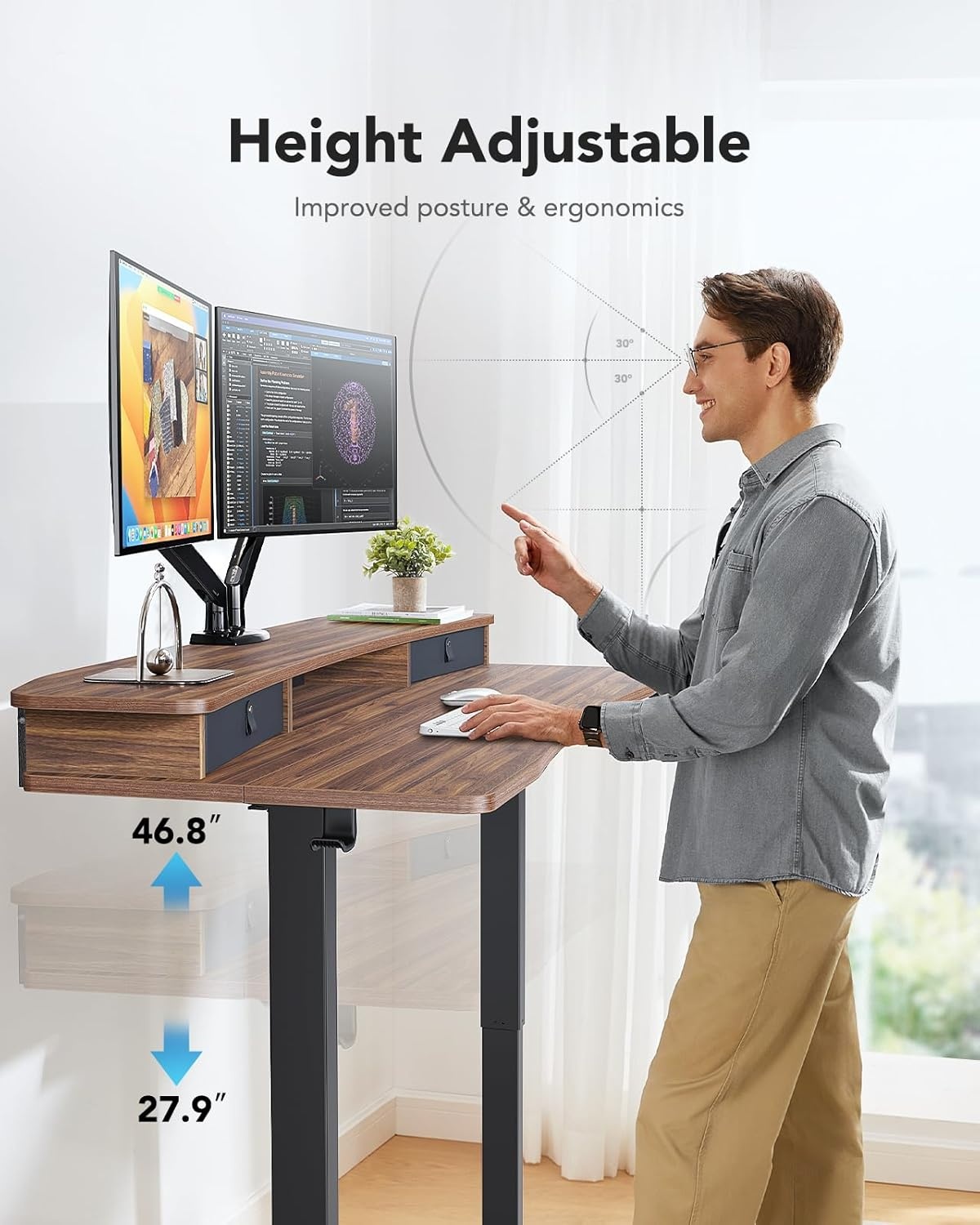 image:imageHUANUO 48 x 24 Electric Standing Desk with 2 Drawers CClamp Mount Compatible Height Adjustable Computer Desk Home Office Stand Up Desk with 4 Preset Heights amp 2 Hooks BlackWalnut