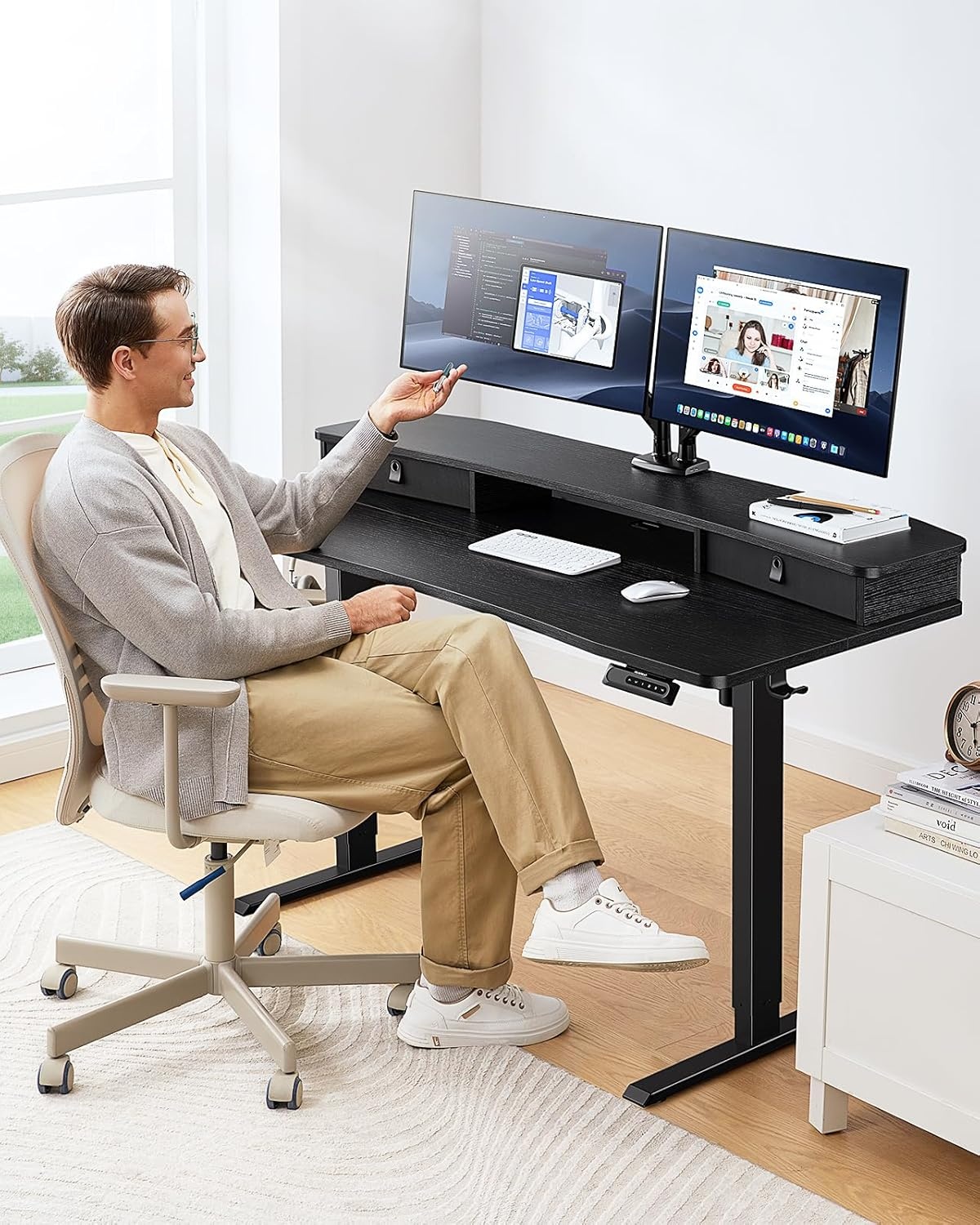image:imageHUANUO 48 x 24 Electric Standing Desk with 2 Drawers CClamp Mount Compatible Height Adjustable Computer Desk Home Office Stand Up Desk with 4 Preset Heights amp 2 Hooks BlackBlack