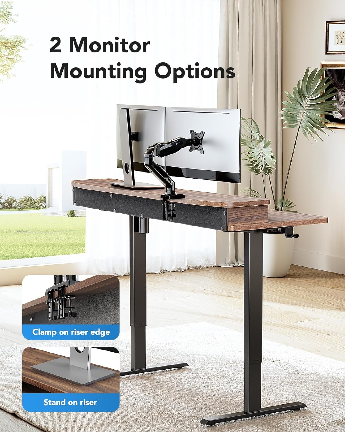 image:imageHUANUO 48 x 24 Electric Standing Desk with 2 Drawers CClamp Mount Compatible Height Adjustable Computer Desk Home Office Stand Up Desk with 4 Preset Heights amp 2 Hooks BlackWalnut