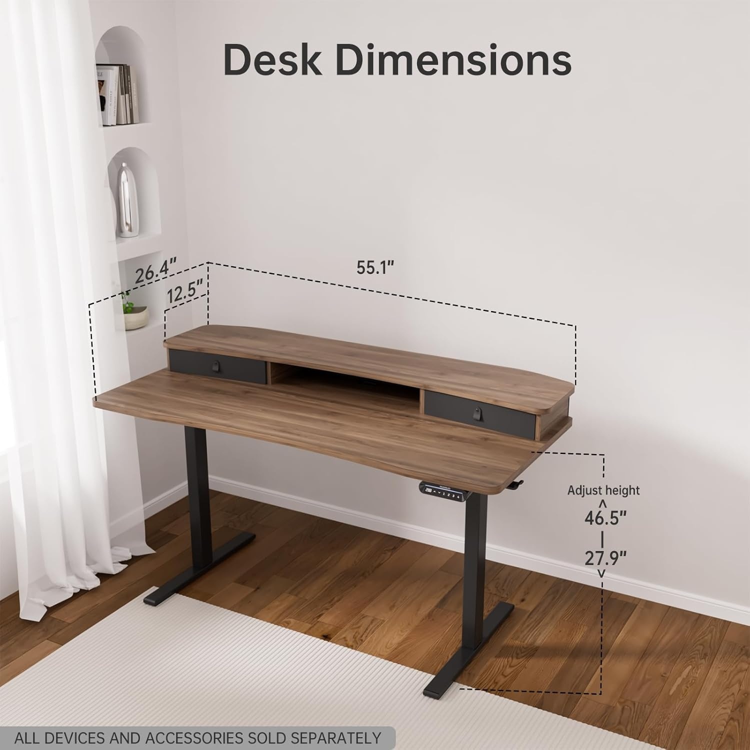image:imageHUANUO 48 x 24 Electric Standing Desk with 2 Drawers CClamp Mount Compatible Height Adjustable Computer Desk Home Office Stand Up Desk with 4 Preset Heights amp 2 Hooks BlackWalnut