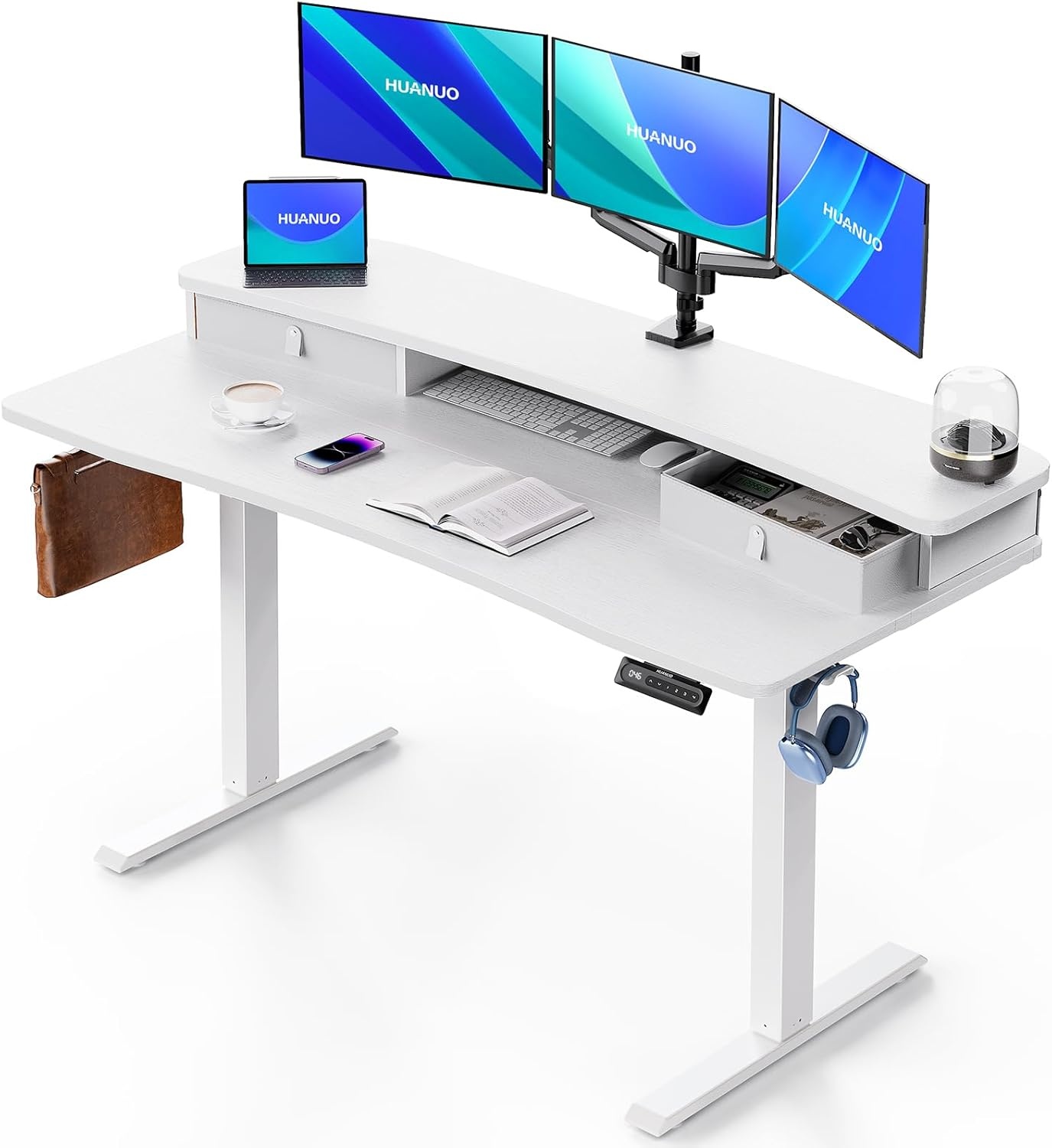 image:imageHUANUO 48 x 24 Electric Standing Desk with 2 Drawers CClamp Mount Compatible Height Adjustable Computer Desk Home Office Stand Up Desk with 4 Preset Heights amp 2 Hooks BlackWhite