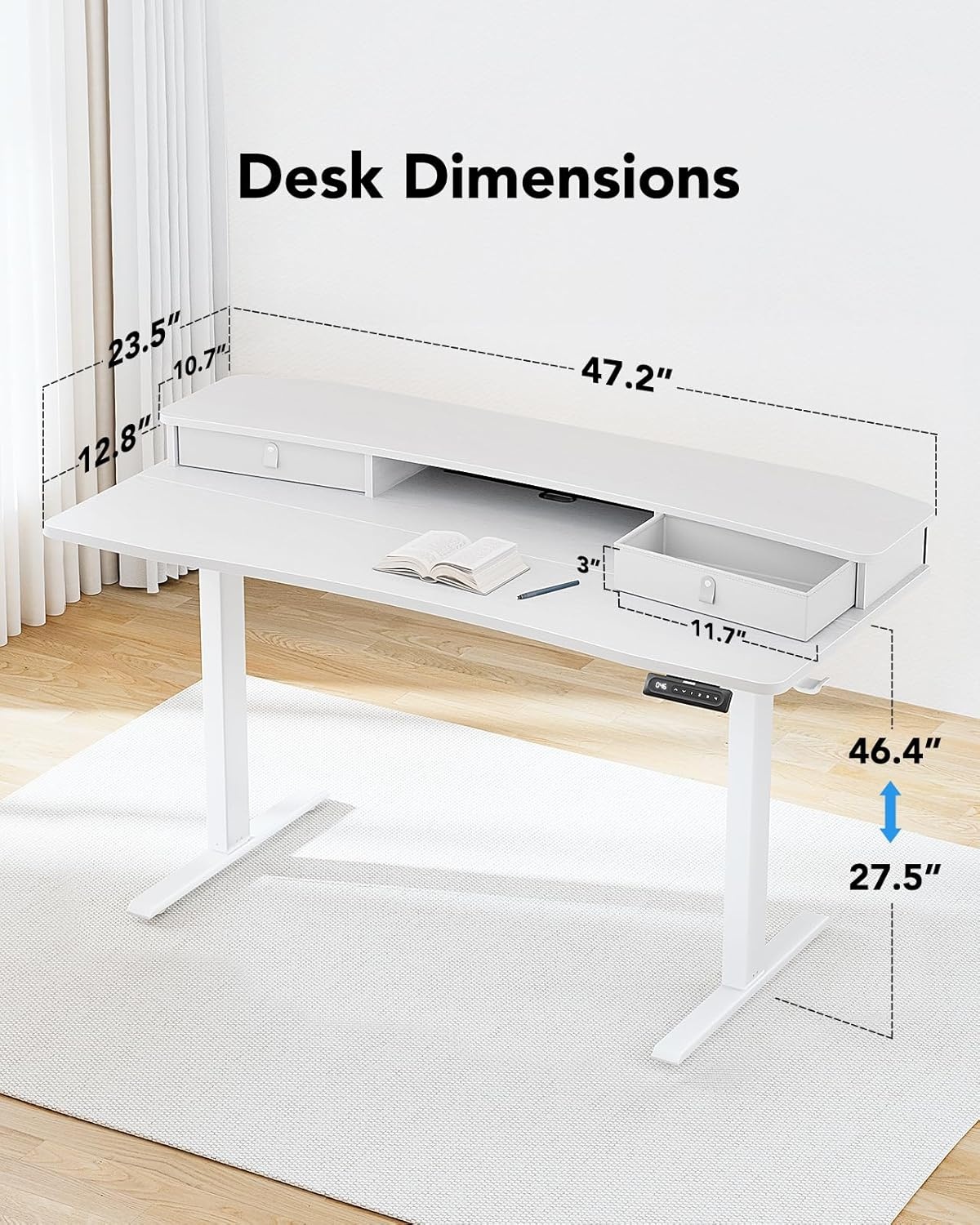 image:imageHUANUO 48 x 24 Electric Standing Desk with 2 Drawers CClamp Mount Compatible Height Adjustable Computer Desk Home Office Stand Up Desk with 4 Preset Heights amp 2 Hooks BlackWhite