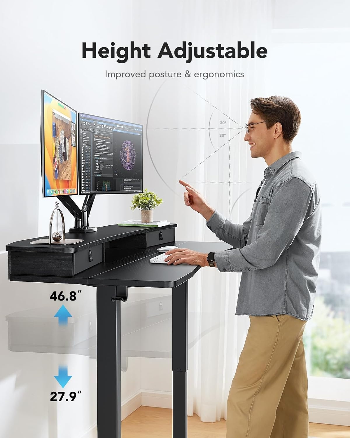 image:imageHUANUO 48 x 24 Electric Standing Desk with 2 Drawers CClamp Mount Compatible Height Adjustable Computer Desk Home Office Stand Up Desk with 4 Preset Heights amp 2 Hooks BlackBlack
