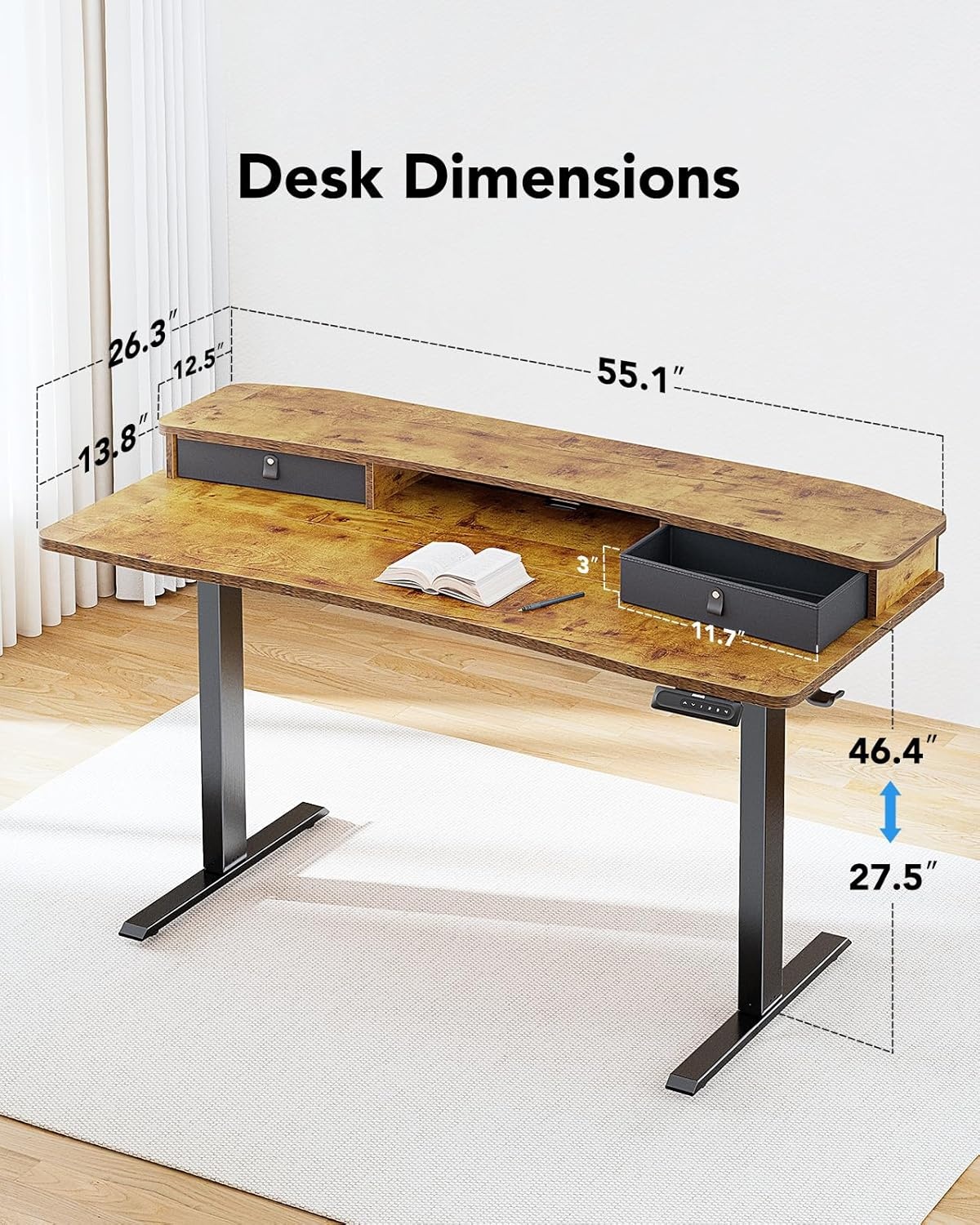 image:imageHUANUO 48 x 24 Electric Standing Desk with 2 Drawers CClamp Mount Compatible Height Adjustable Computer Desk Home Office Stand Up Desk with 4 Preset Heights amp 2 Hooks BlackVintage Brown