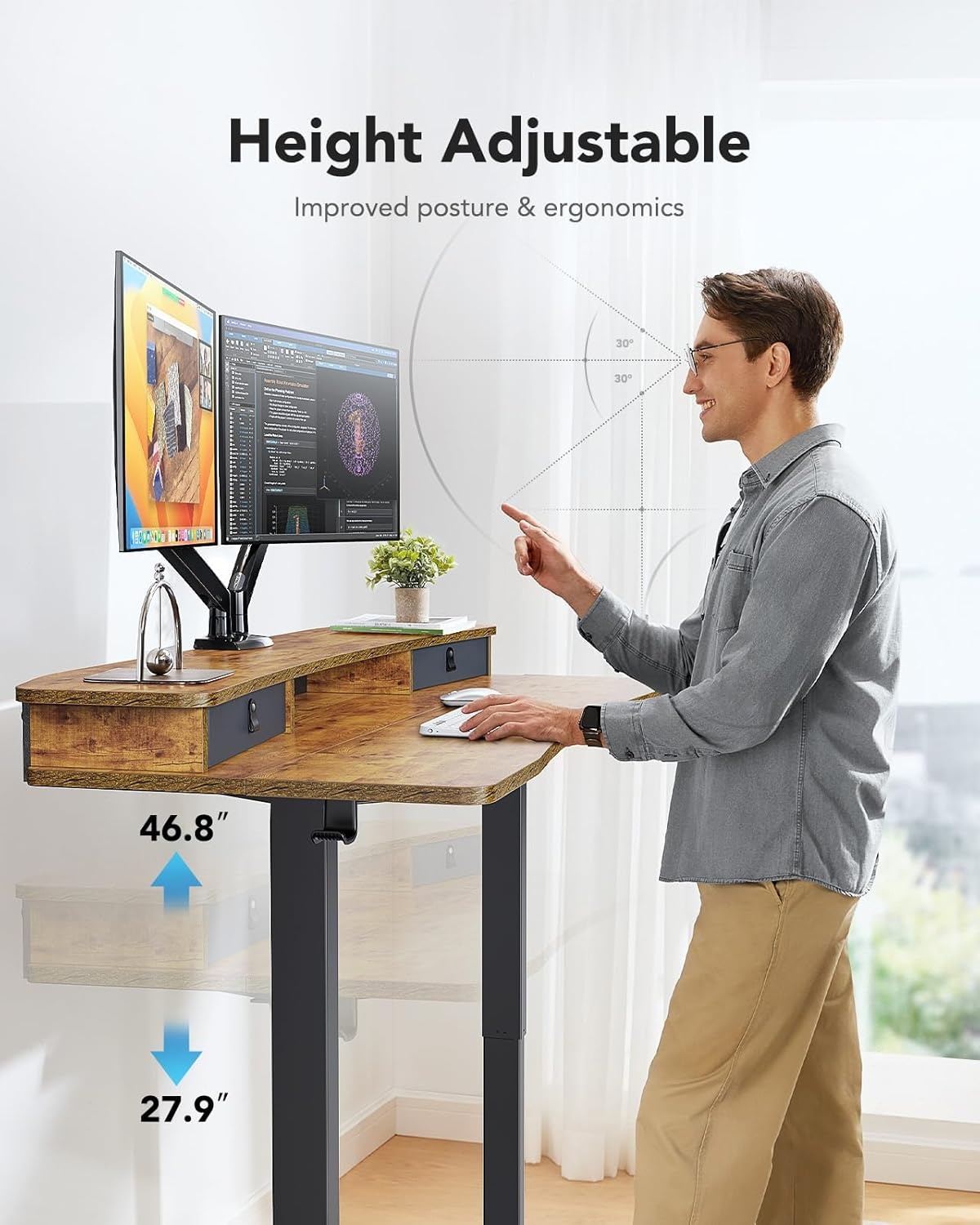 image:imageHUANUO 48 x 24 Electric Standing Desk with 2 Drawers CClamp Mount Compatible Height Adjustable Computer Desk Home Office Stand Up Desk with 4 Preset Heights amp 2 Hooks BlackVintage Brown