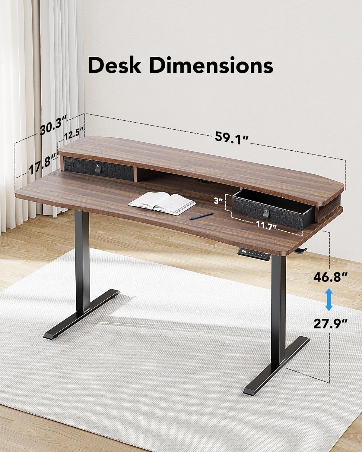 image:imageHUANUO 48 x 24 Electric Standing Desk with 2 Drawers CClamp Mount Compatible Height Adjustable Computer Desk Home Office Stand Up Desk with 4 Preset Heights amp 2 Hooks BlackWalnut