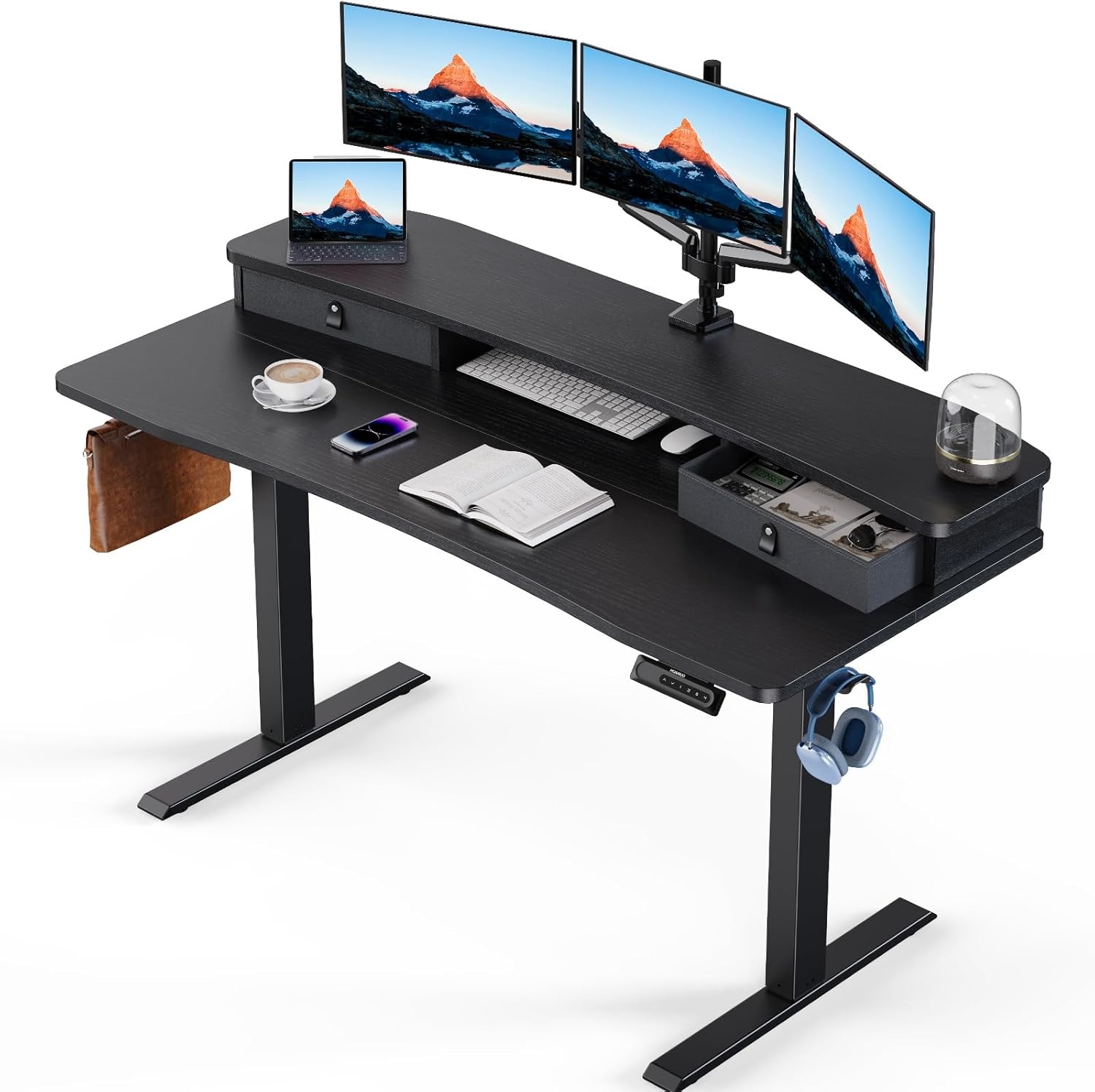 image:imageHUANUO 48 x 24 Electric Standing Desk with 2 Drawers CClamp Mount Compatible Height Adjustable Computer Desk Home Office Stand Up Desk with 4 Preset Heights amp 2 Hooks BlackBlack