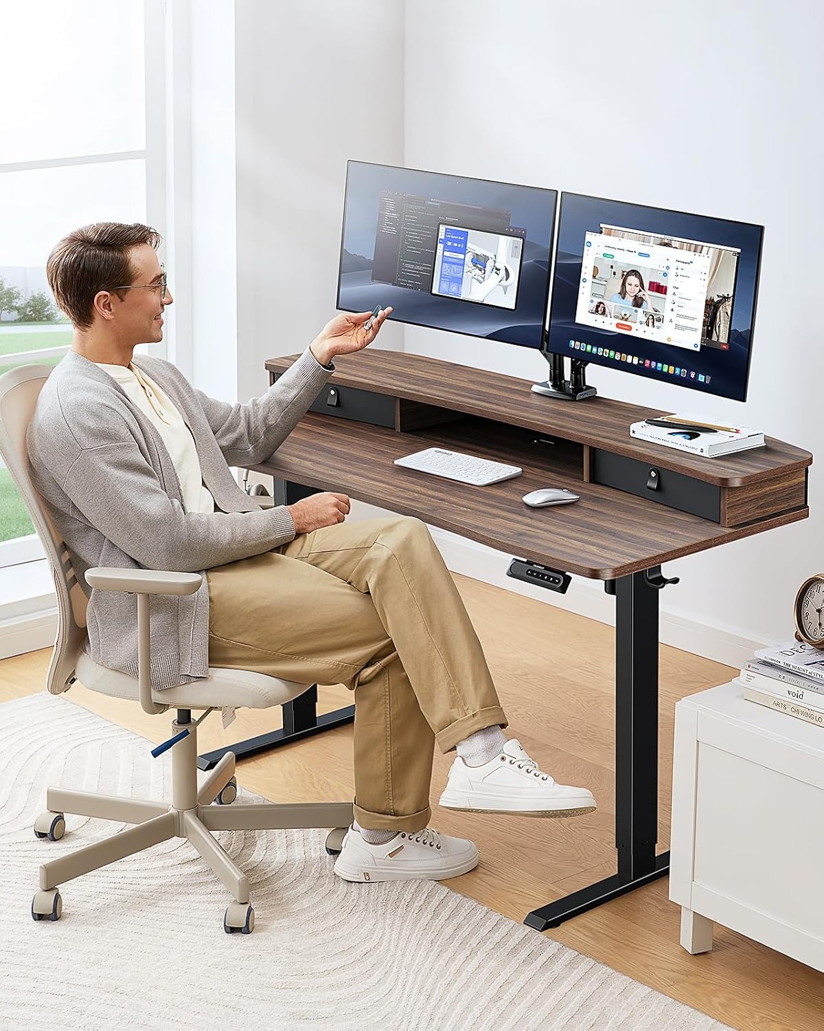 image:imageHUANUO 48 x 24 Electric Standing Desk with 2 Drawers CClamp Mount Compatible Height Adjustable Computer Desk Home Office Stand Up Desk with 4 Preset Heights amp 2 Hooks BlackWalnut