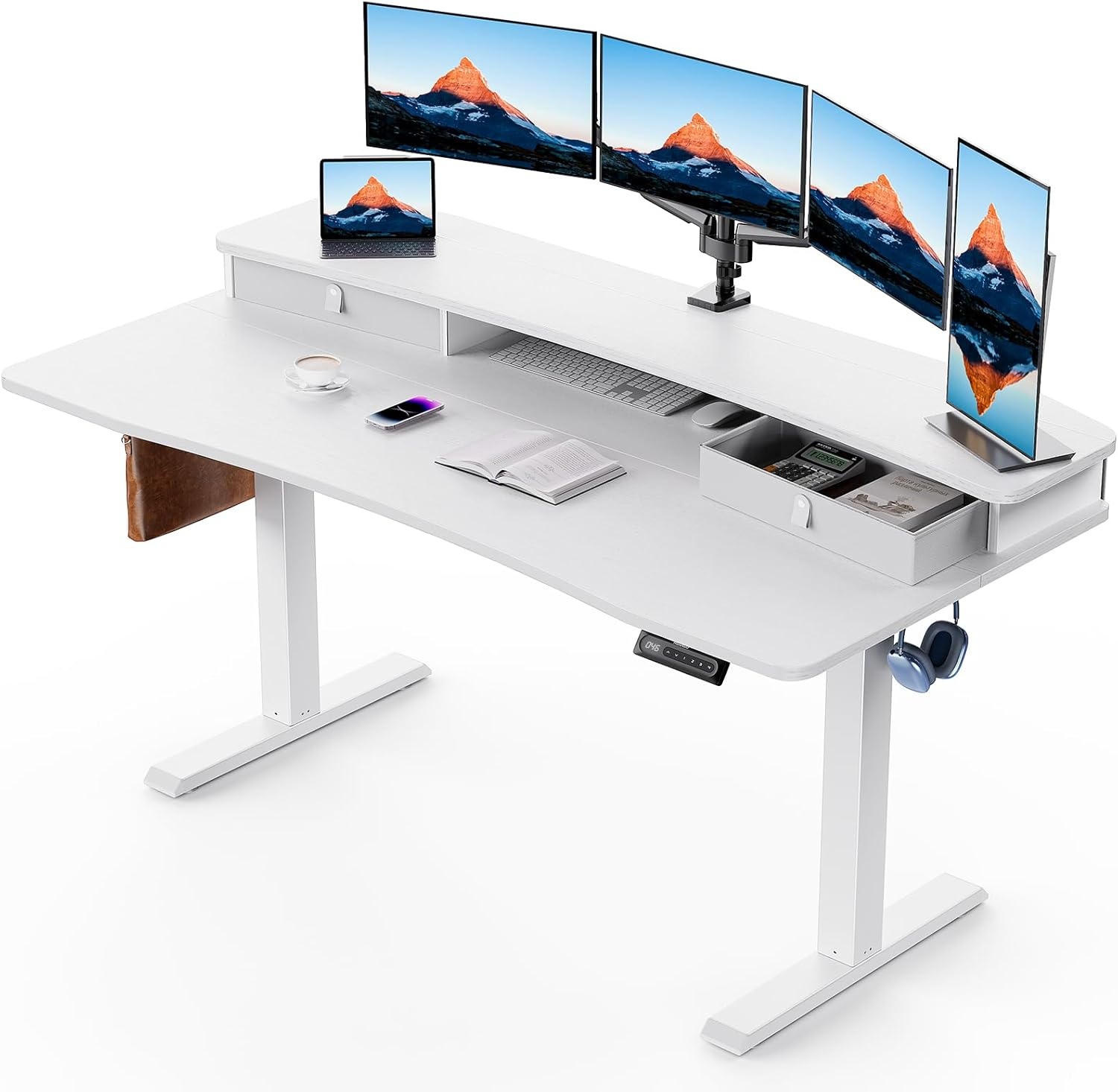 image:imageHUANUO 48 x 24 Electric Standing Desk with 2 Drawers CClamp Mount Compatible Height Adjustable Computer Desk Home Office Stand Up Desk with 4 Preset Heights amp 2 Hooks BlackWhite