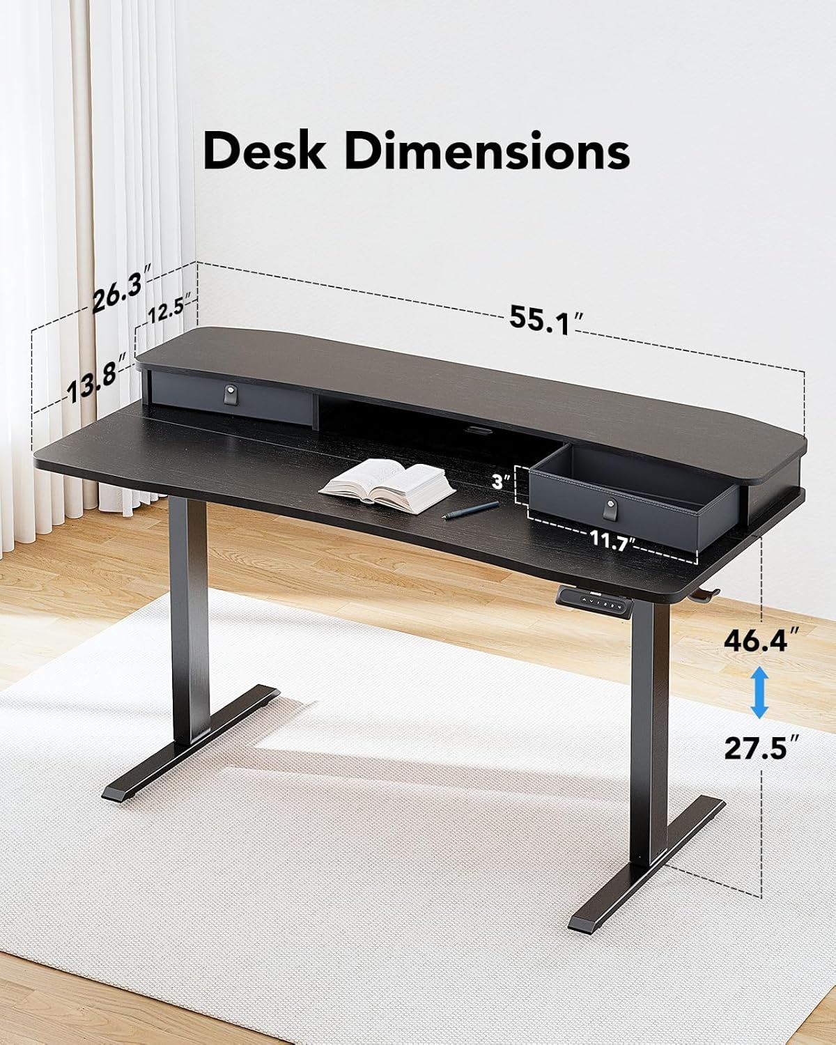 image:imageHUANUO 48 x 24 Electric Standing Desk with 2 Drawers CClamp Mount Compatible Height Adjustable Computer Desk Home Office Stand Up Desk with 4 Preset Heights amp 2 Hooks BlackBlack