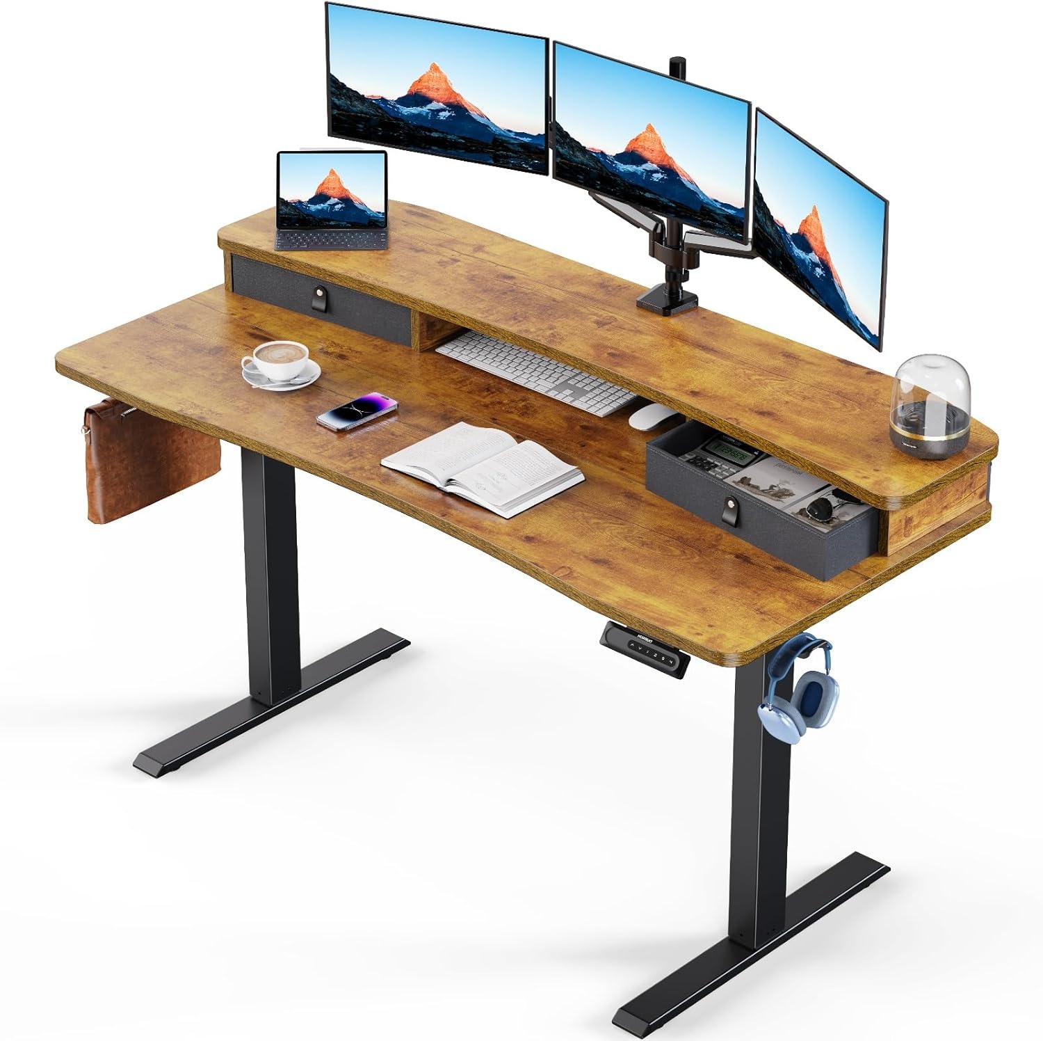 image:imageHUANUO 48 x 24 Electric Standing Desk with 2 Drawers CClamp Mount Compatible Height Adjustable Computer Desk Home Office Stand Up Desk with 4 Preset Heights amp 2 Hooks BlackVintage Brown