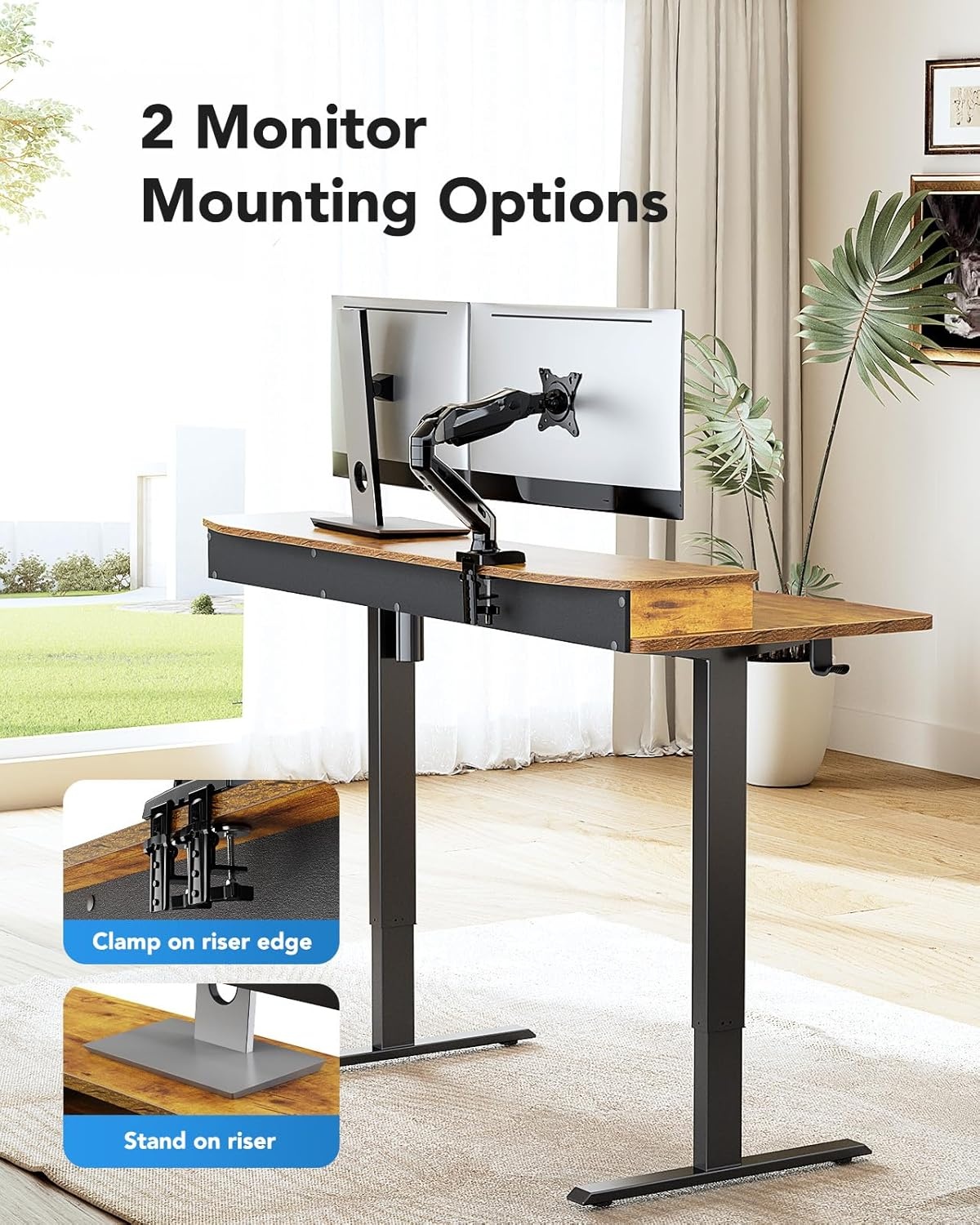 image:imageHUANUO 48 x 24 Electric Standing Desk with 2 Drawers CClamp Mount Compatible Height Adjustable Computer Desk Home Office Stand Up Desk with 4 Preset Heights amp 2 Hooks BlackVintage Brown