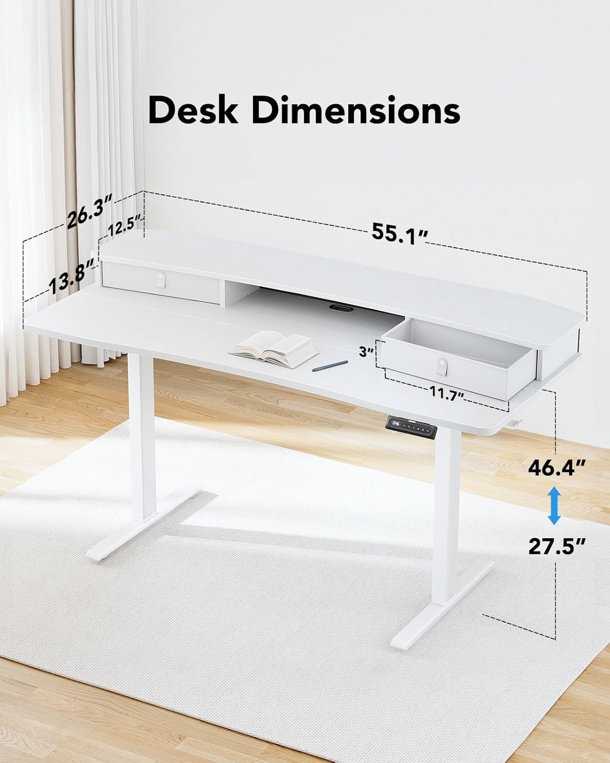 image:imageHUANUO 48 x 24 Electric Standing Desk with 2 Drawers CClamp Mount Compatible Height Adjustable Computer Desk Home Office Stand Up Desk with 4 Preset Heights amp 2 Hooks BlackWhite