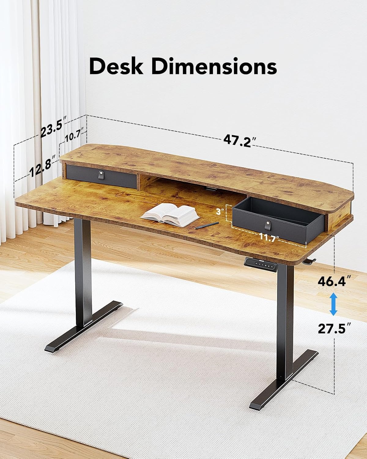 image:imageHUANUO 48 x 24 Electric Standing Desk with 2 Drawers CClamp Mount Compatible Height Adjustable Computer Desk Home Office Stand Up Desk with 4 Preset Heights amp 2 Hooks BlackVintage Brown