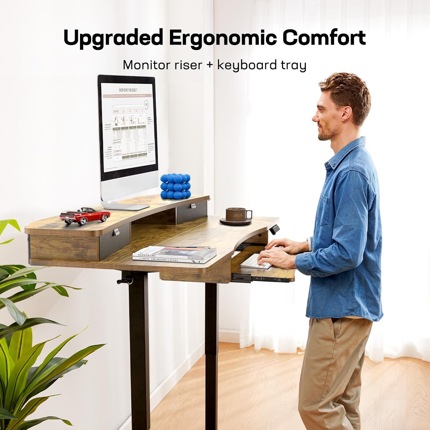 image:imageHUANUO 55 x 26 Electric Standing Desk with 2 Drawers amp 267 Large Keyboard Tray CClamp Mount Compatible Adjustable Computer Desk for Home Office Stand Up Desk with 4 Height Presets VintageVintage Brown