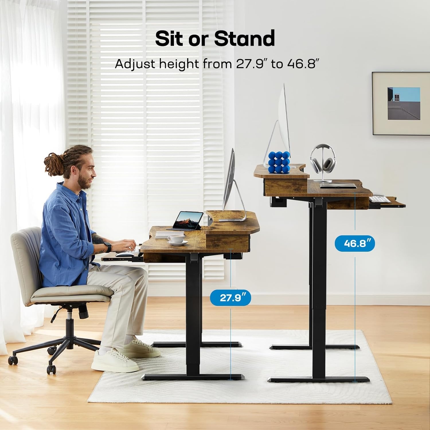 image:imageHUANUO 55 x 26 Electric Standing Desk with 2 Drawers amp 267 Large Keyboard Tray CClamp Mount Compatible Adjustable Computer Desk for Home Office Stand Up Desk with 4 Height Presets VintageVintage Brown