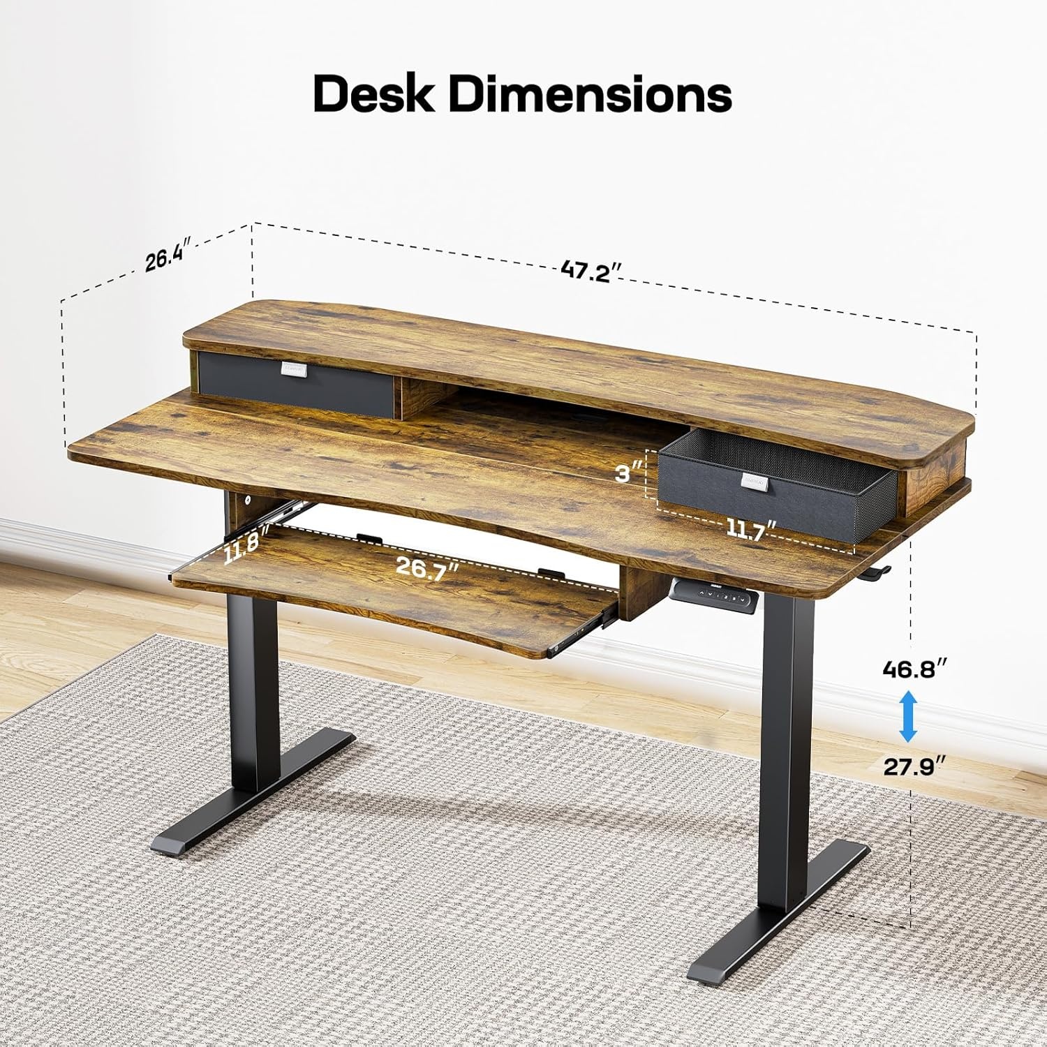 image:imageHUANUO 55 x 26 Electric Standing Desk with 2 Drawers amp 267 Large Keyboard Tray CClamp Mount Compatible Adjustable Computer Desk for Home Office Stand Up Desk with 4 Height Presets VintageVintage Brown